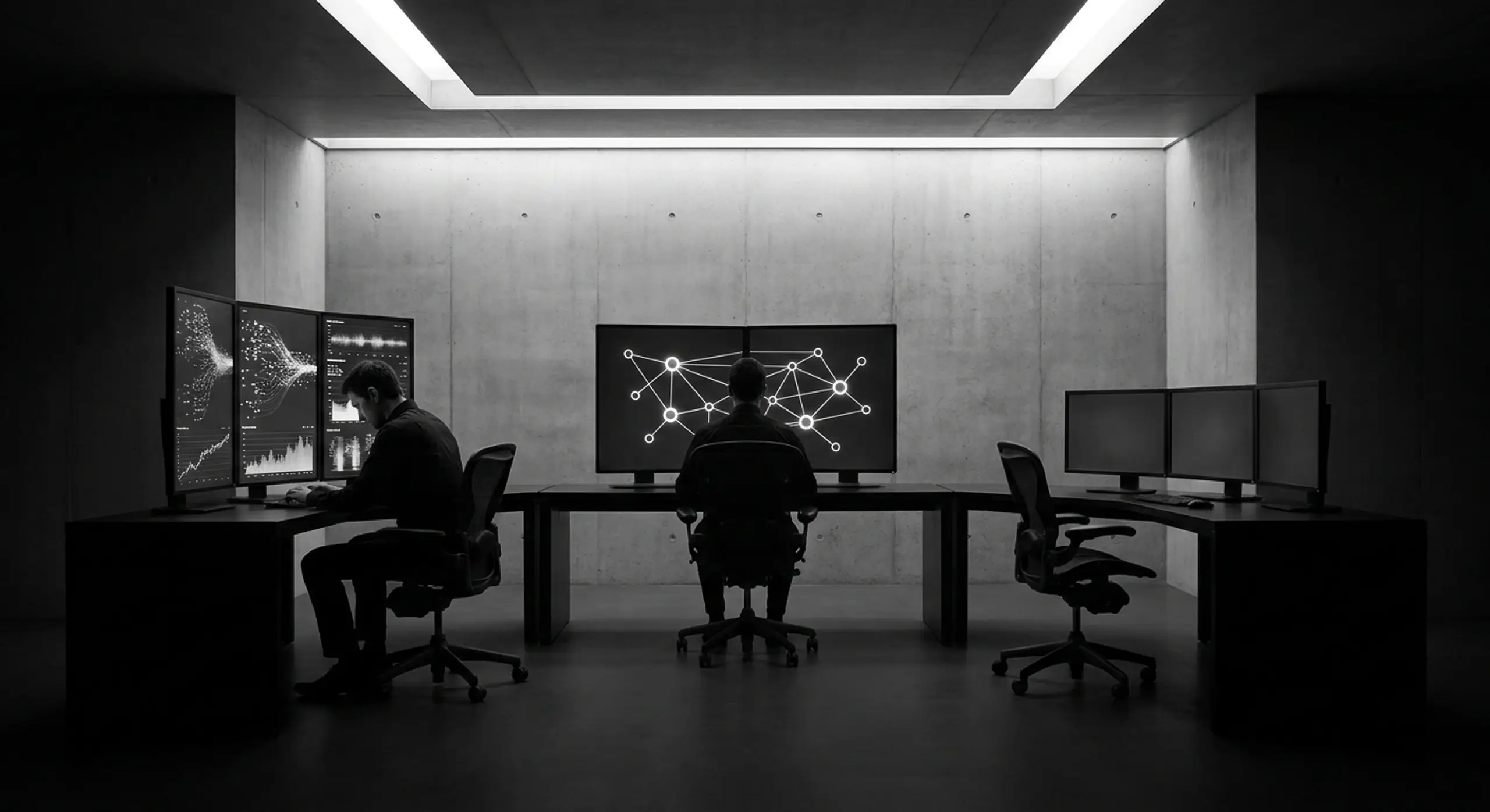 Two people working at multi-monitor computers displaying data and network graphs in a dark, modern room.