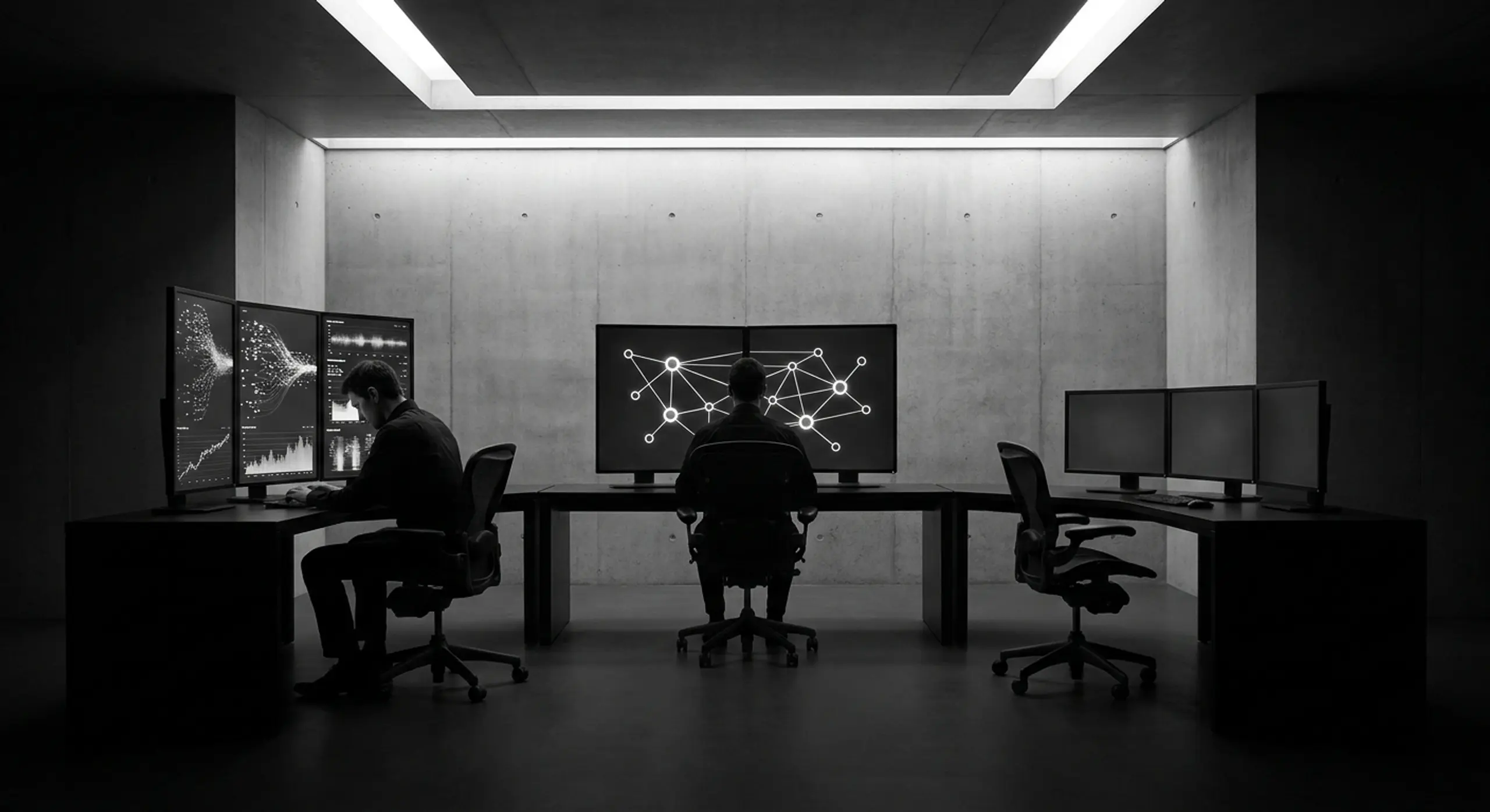Two people working at multi-monitor computers displaying data and network graphs in a dark, modern room.