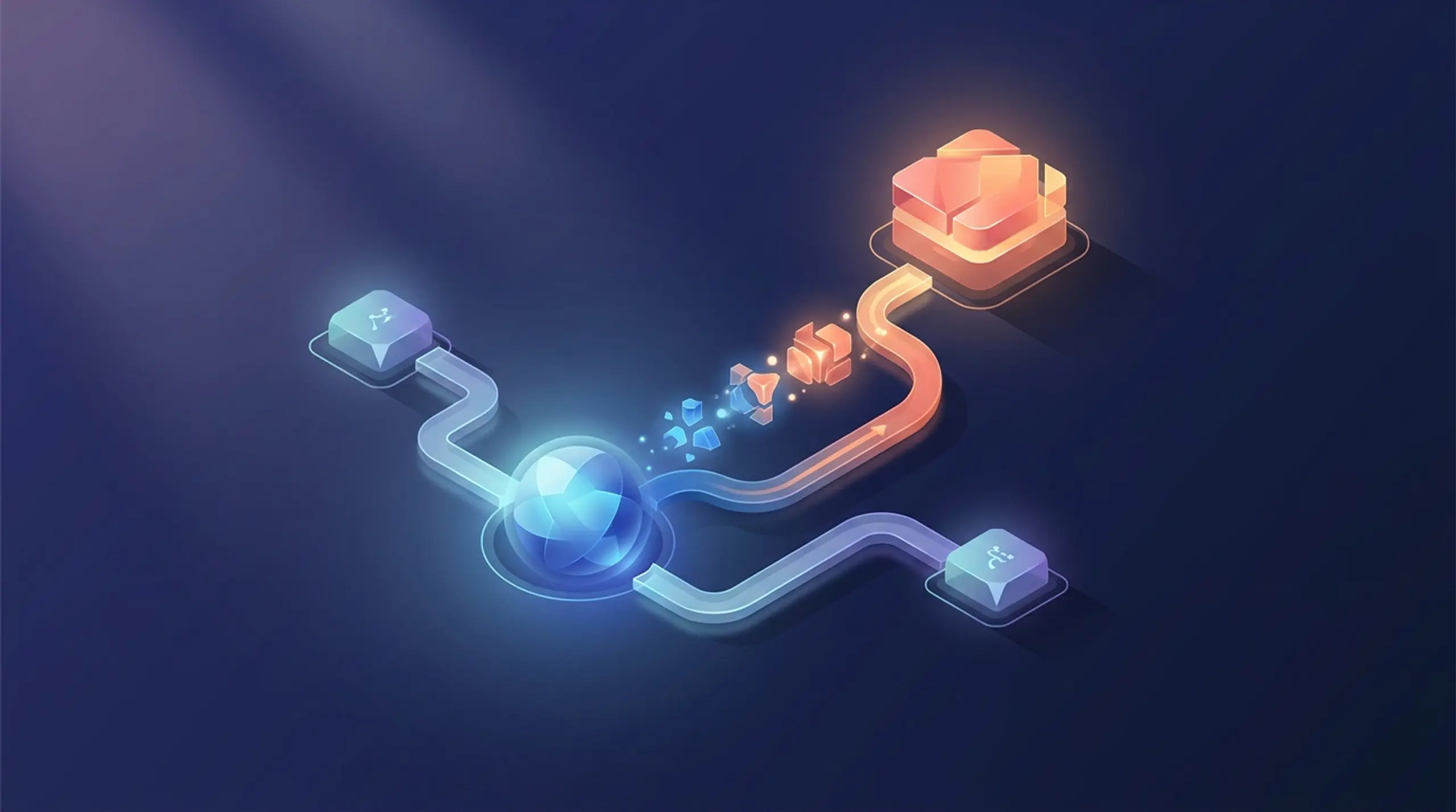 Abstract isometric illustration showing data blocks flowing through glowing blue and orange nodes, transforming as they move.