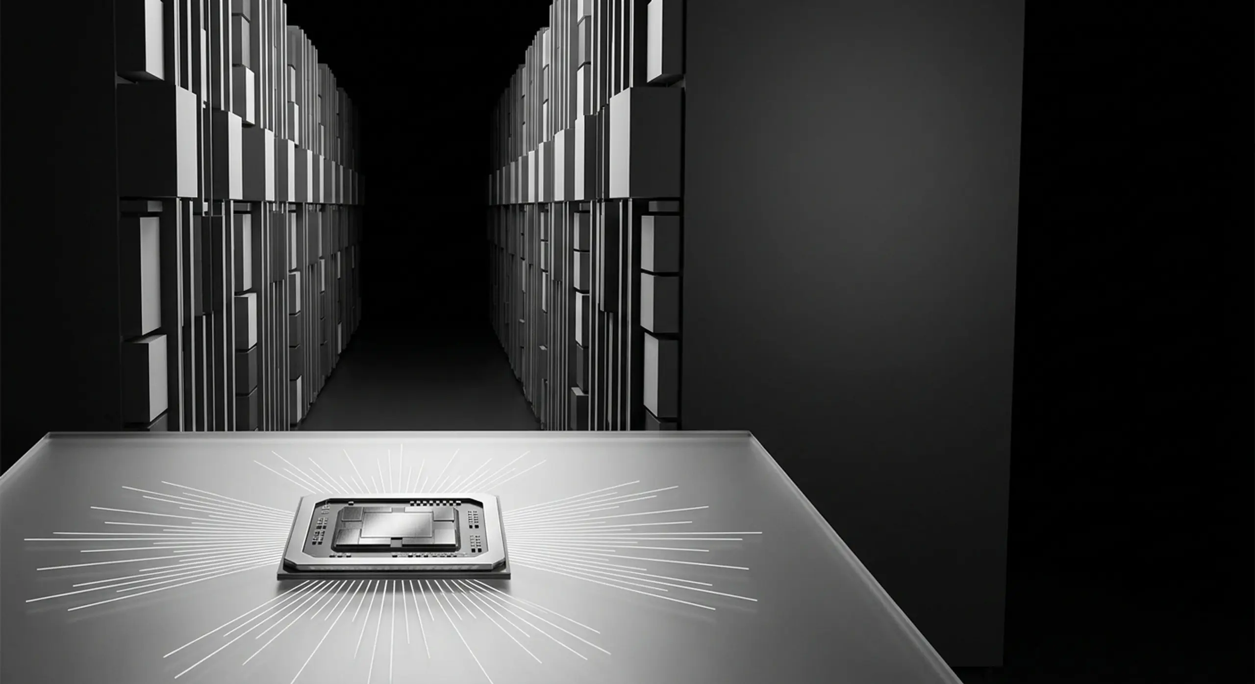 A computer chip on a glowing platform in a dark data center corridor.