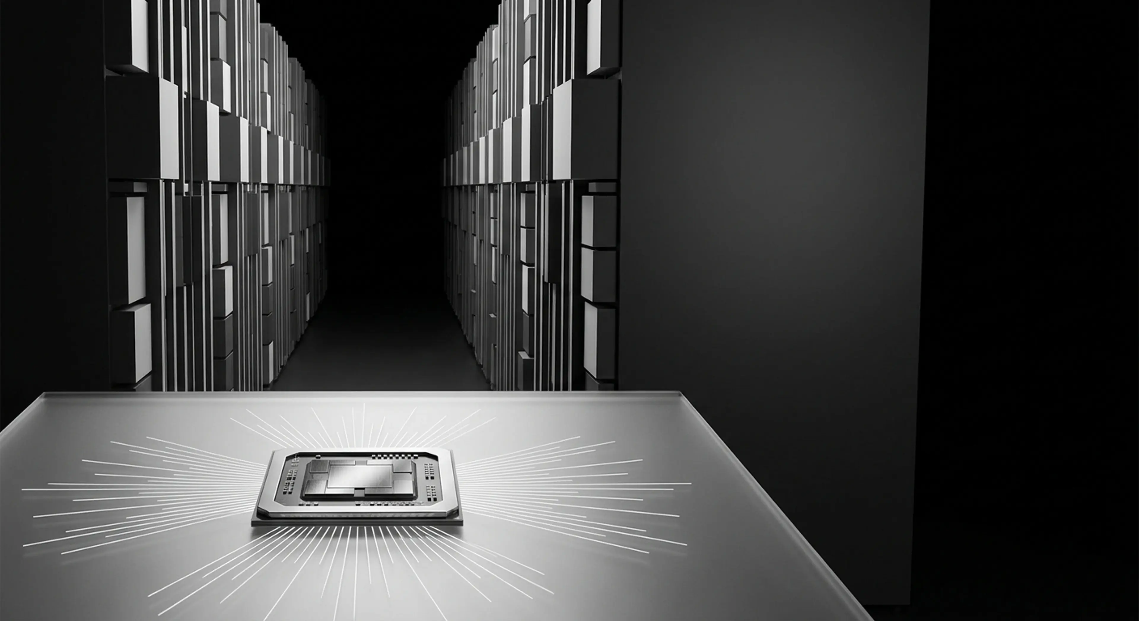 A computer chip on a glowing platform in a dark data center corridor.