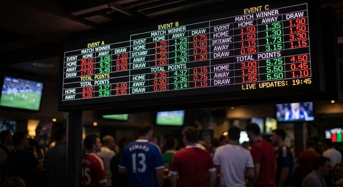 Sports betting odds on a large digital screen above a crowd of people.
