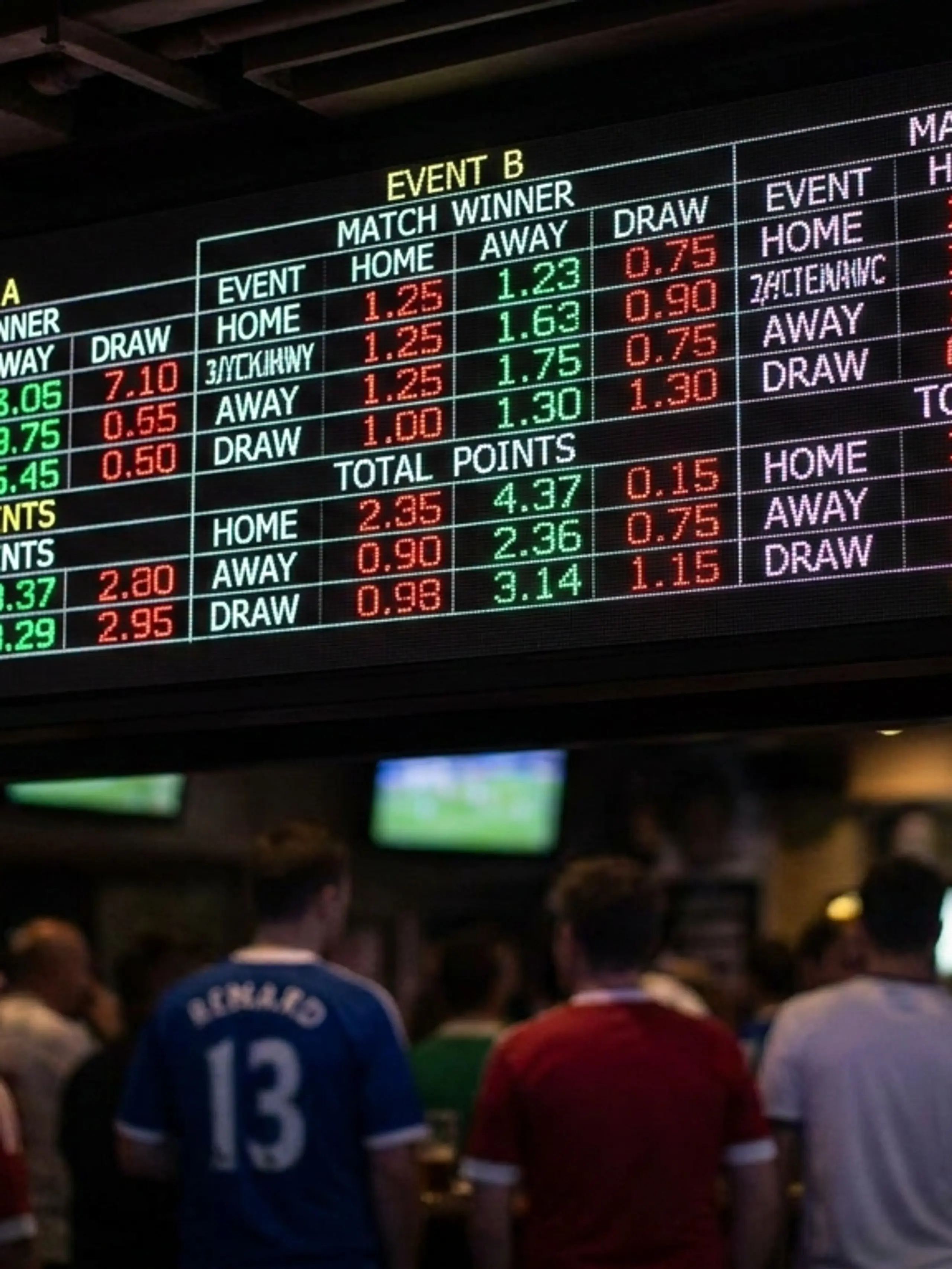 Sports betting odds on a large digital screen above a crowd of people.