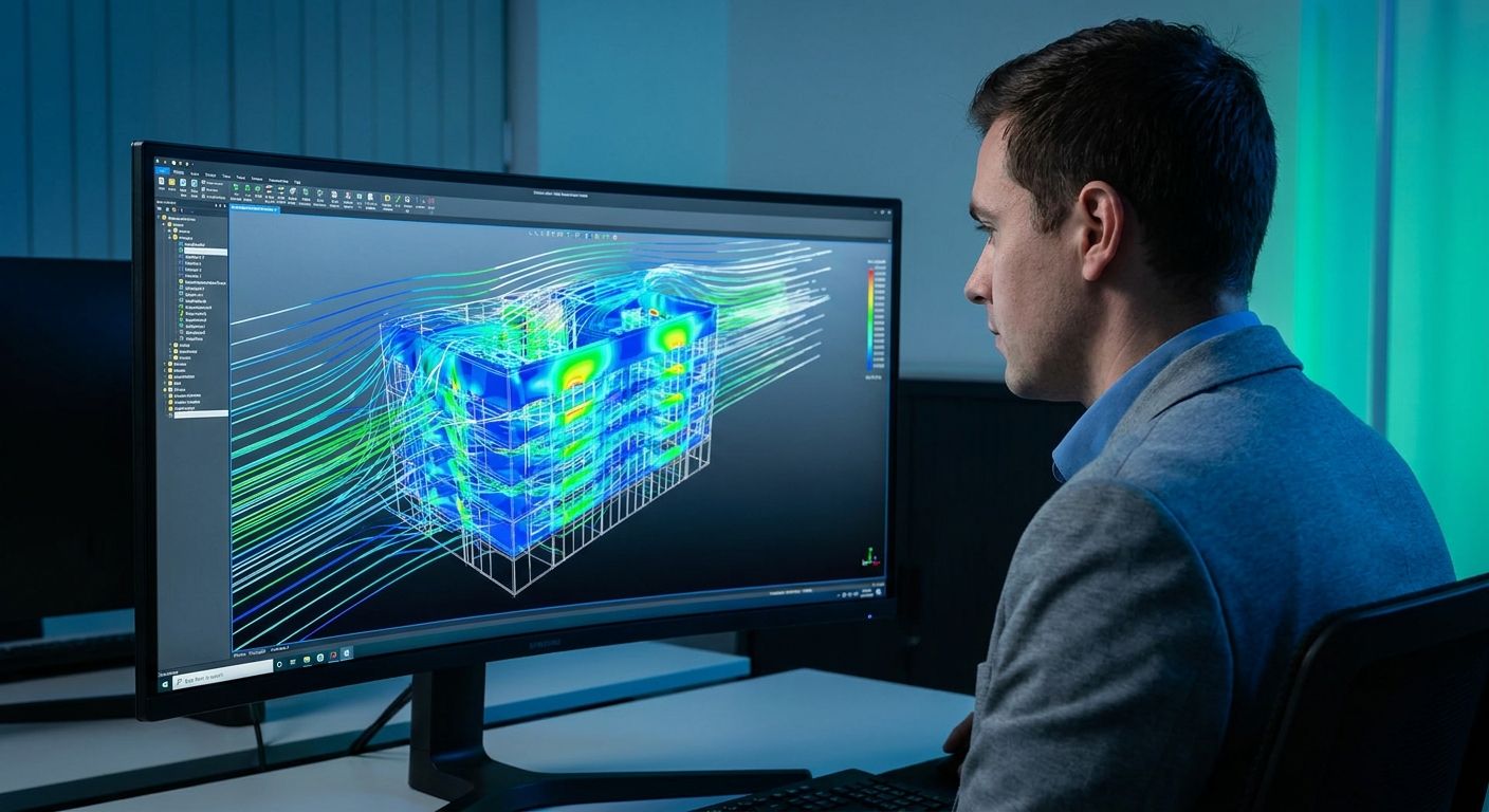 Man viewing a 3D building model with airflow simulation on a computer screen.