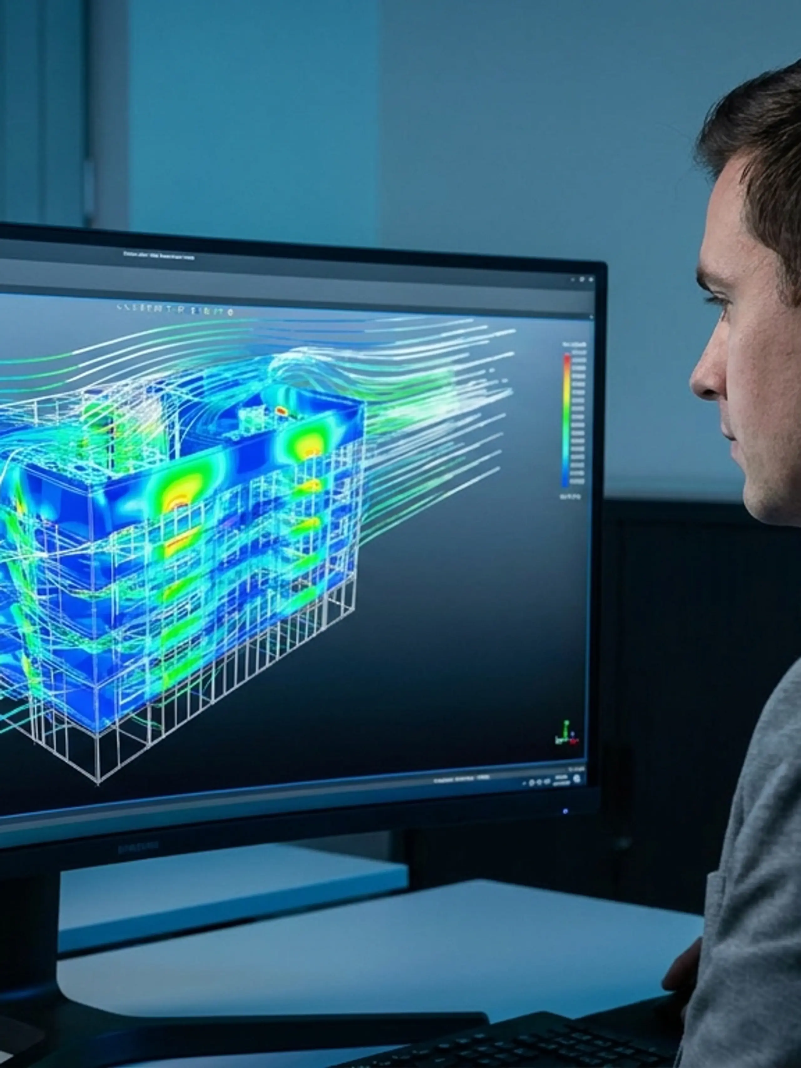 Man viewing a 3D building model with airflow simulation on a computer screen.