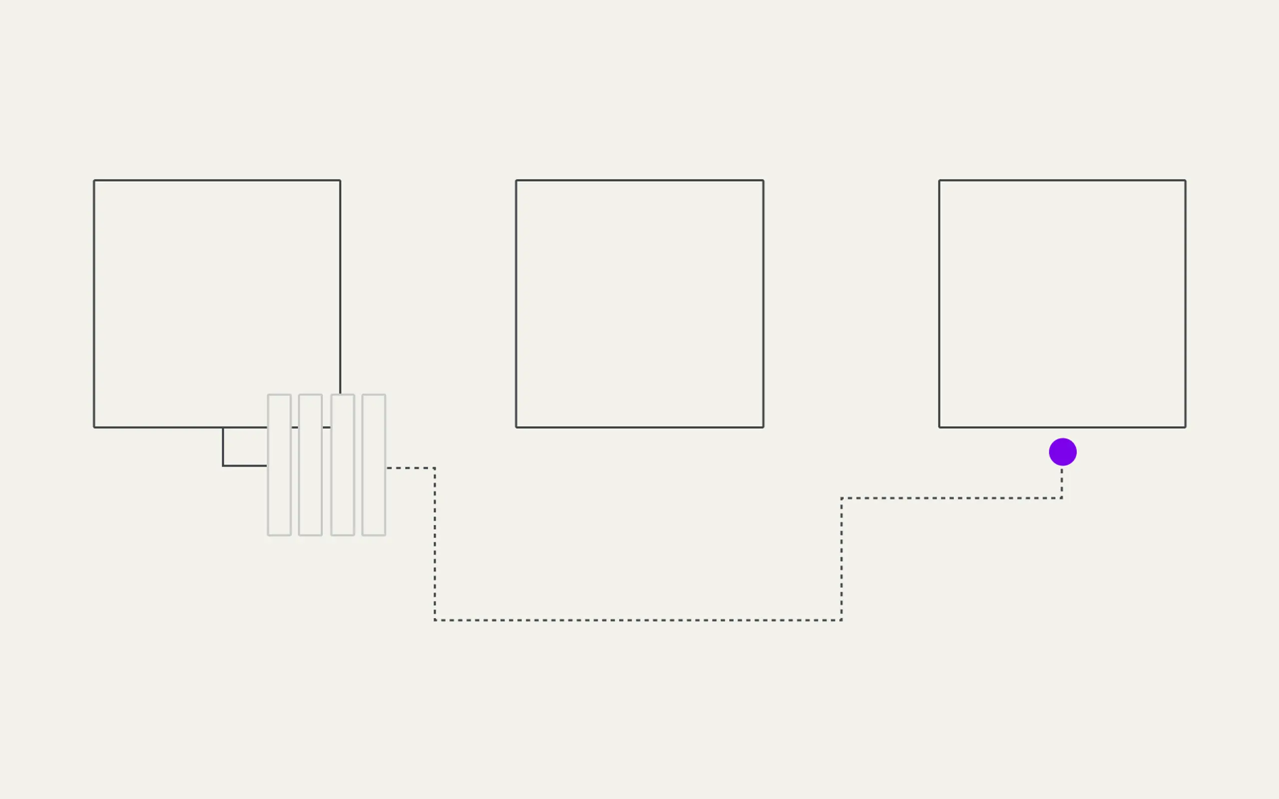 Diagram showing three squares, a radiator-like component, a dashed line, and a purple dot.