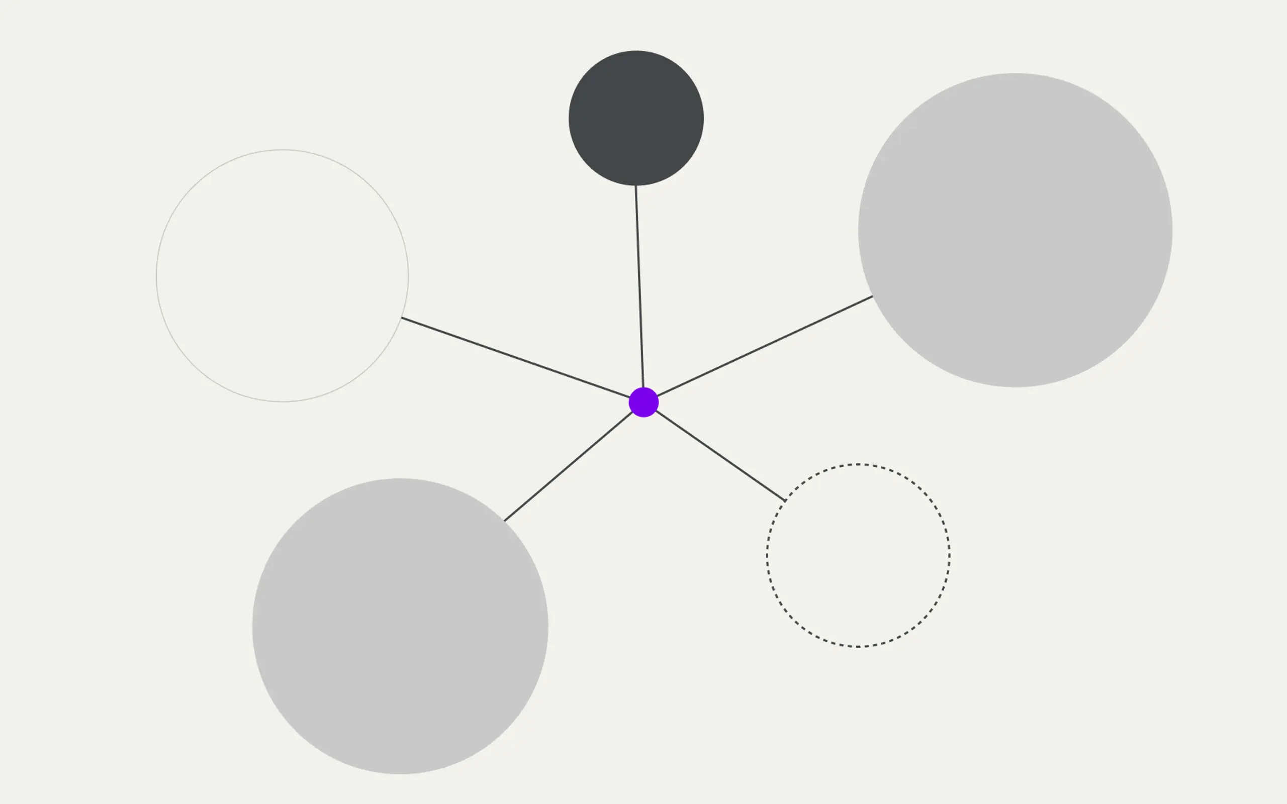 A central data node branches into multiple separated greyscale infrastructure clusters, with sparse purple highlights indicating the added complexity of scaling.