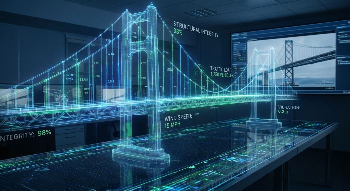 Holographic bridge showing structural data, with a real image on a monitor.