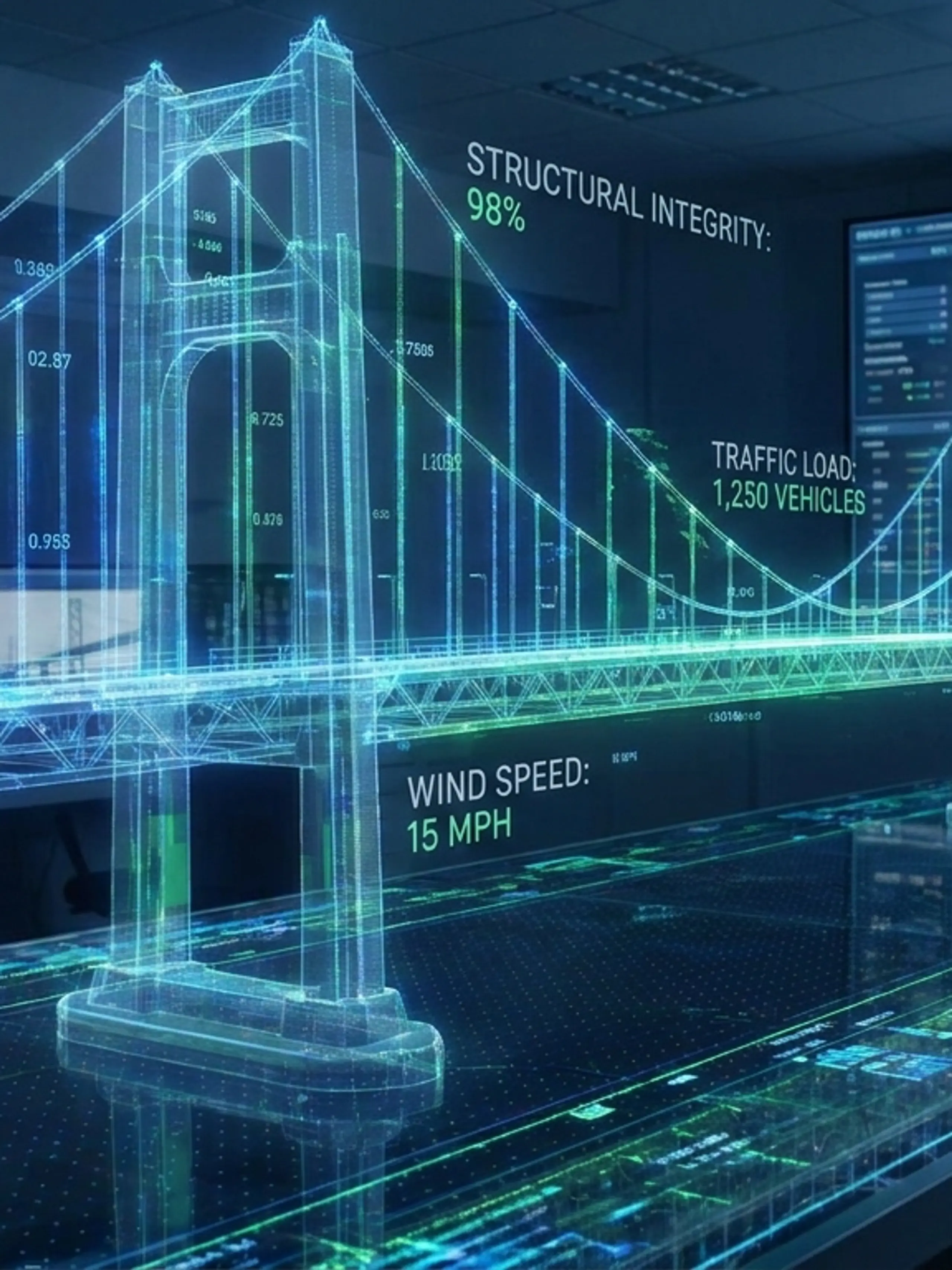 Holographic bridge showing structural data, with a real image on a monitor.