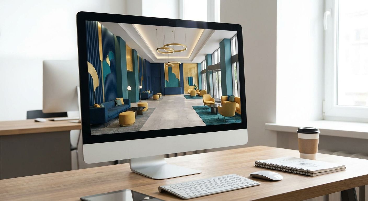 A computer monitor on a wooden desk displays a modern blue and gold lobby design with yellow seating, surrounded by a keyboard, mouse, coffee cup, and notebook.