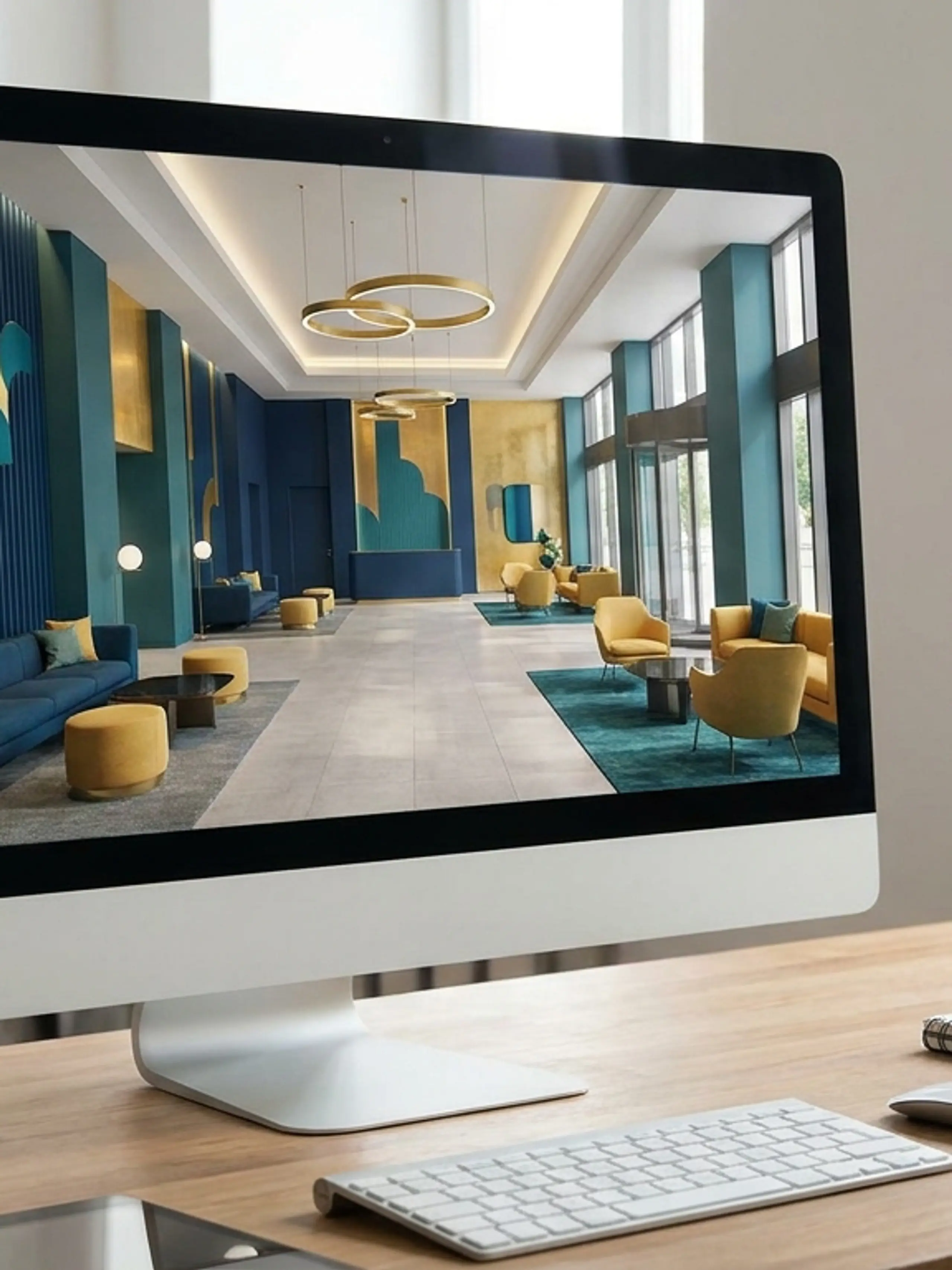 A computer monitor on a wooden desk displays a modern blue and gold lobby design with yellow seating, surrounded by a keyboard, mouse, coffee cup, and notebook.