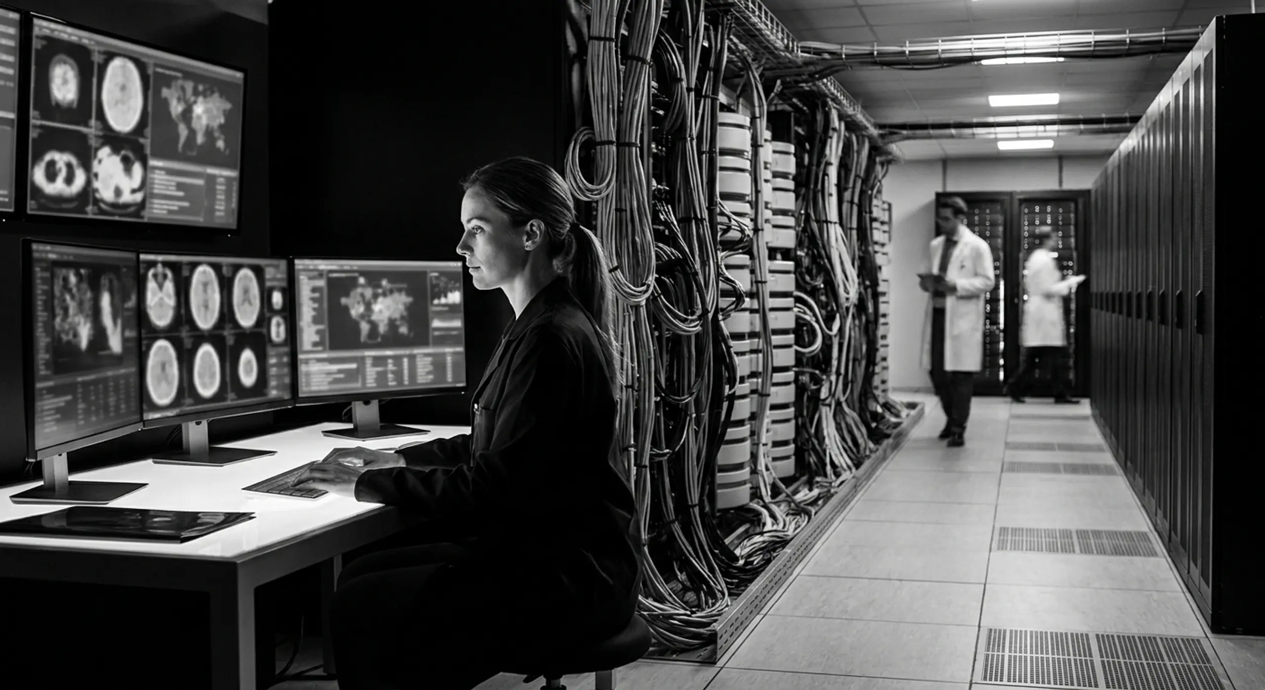 A woman analyzes medical imaging on multiple screens in a data center, with two men in lab coats walking in the background.