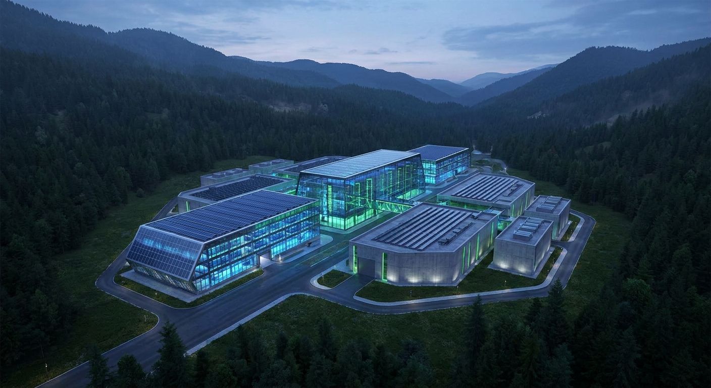 Futuristic building complex with glowing blue-green lights and solar panels, nestled in a forested mountain valley at dusk.