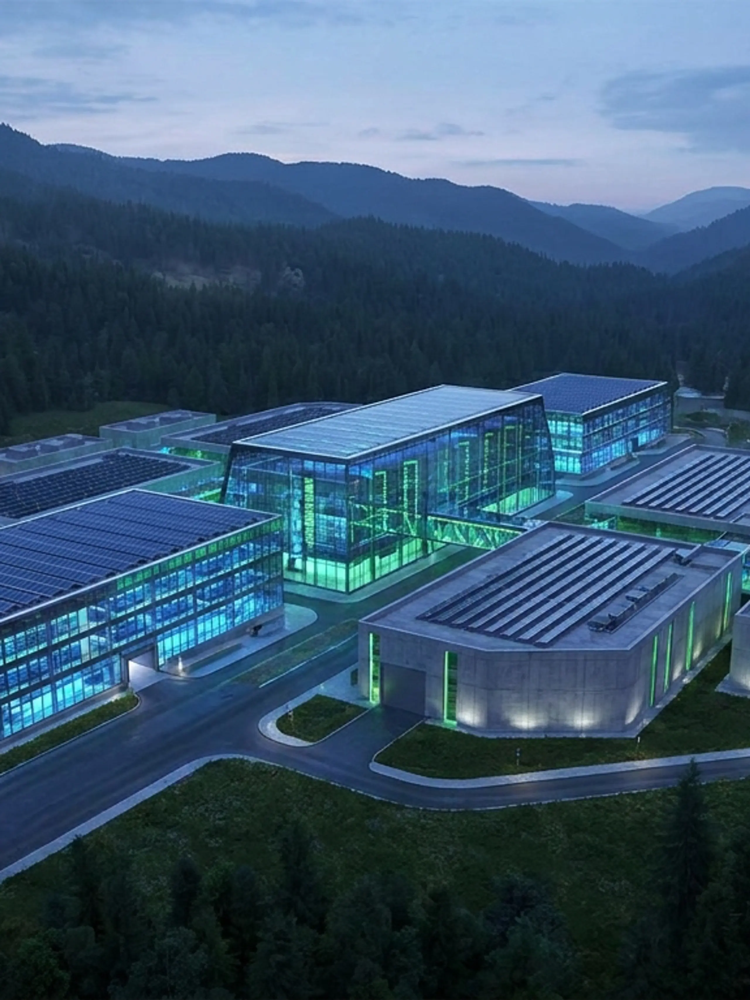 Futuristic building complex with glowing blue-green lights and solar panels, nestled in a forested mountain valley at dusk.