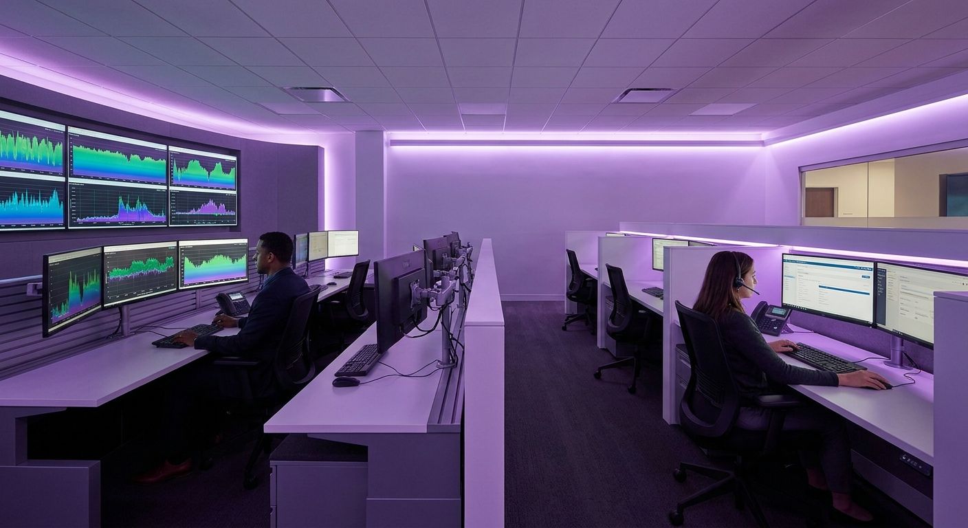 People working in a modern control room with purple ambient lighting and multiple computer screens displaying data.