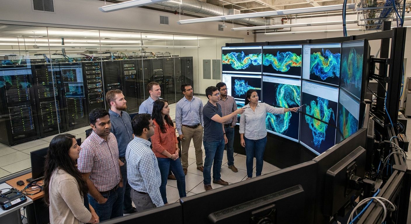 A diverse team of researchers analyzes scientific data visualizations on a large multi-screen display in a data center.