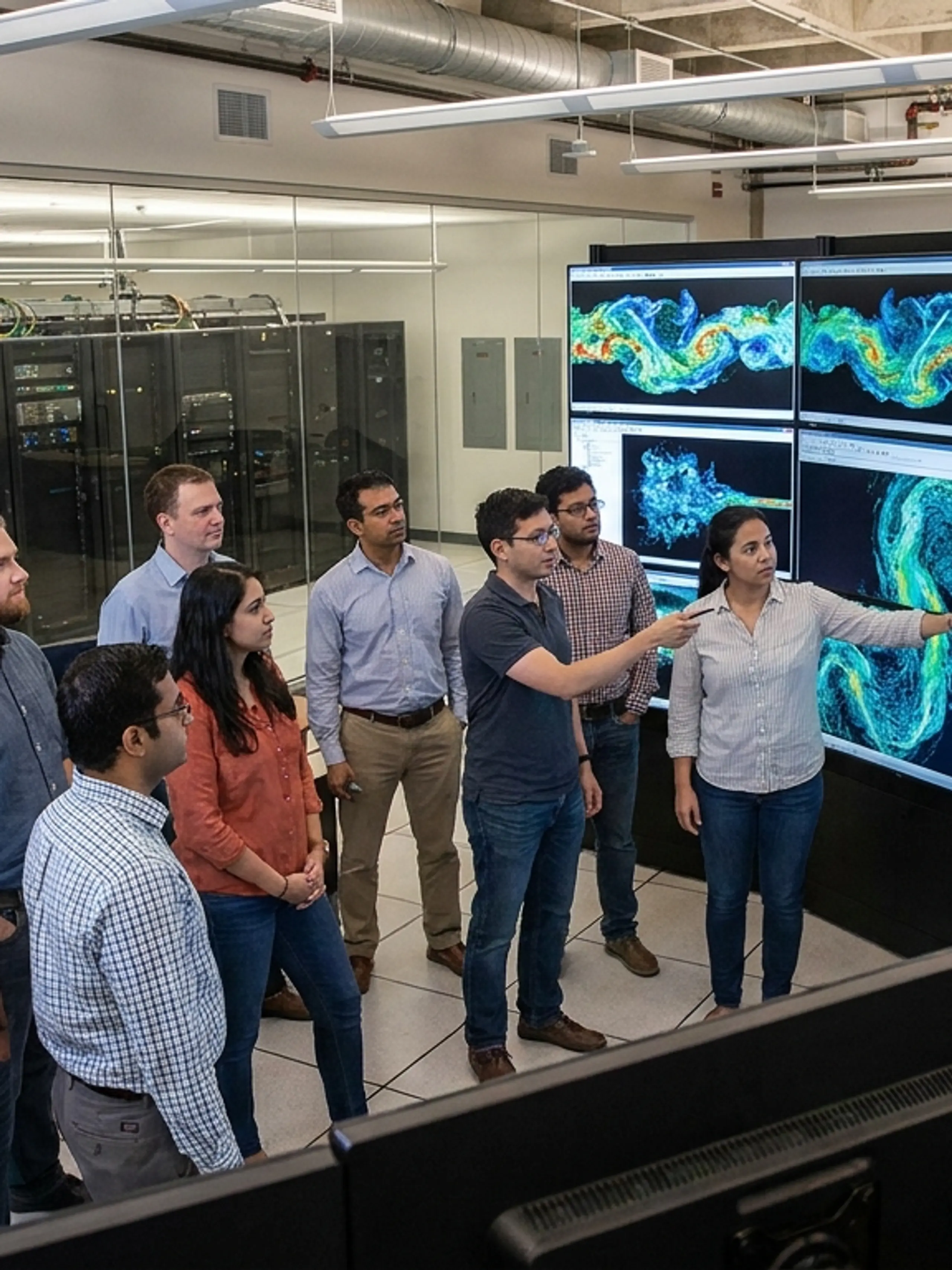 A diverse team of researchers analyzes scientific data visualizations on a large multi-screen display in a data center.