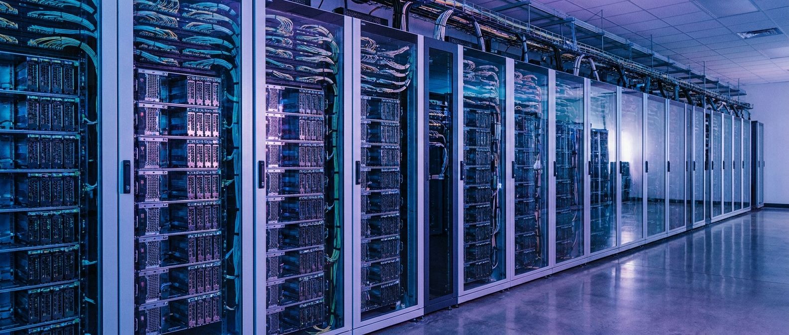 A long row of server racks in a modern data center.