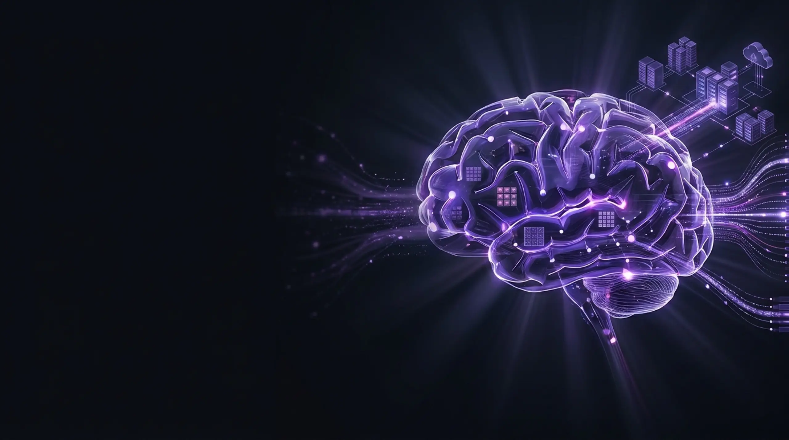 A glowing, translucent purple brain with internal circuits connected to data servers and cloud icons.