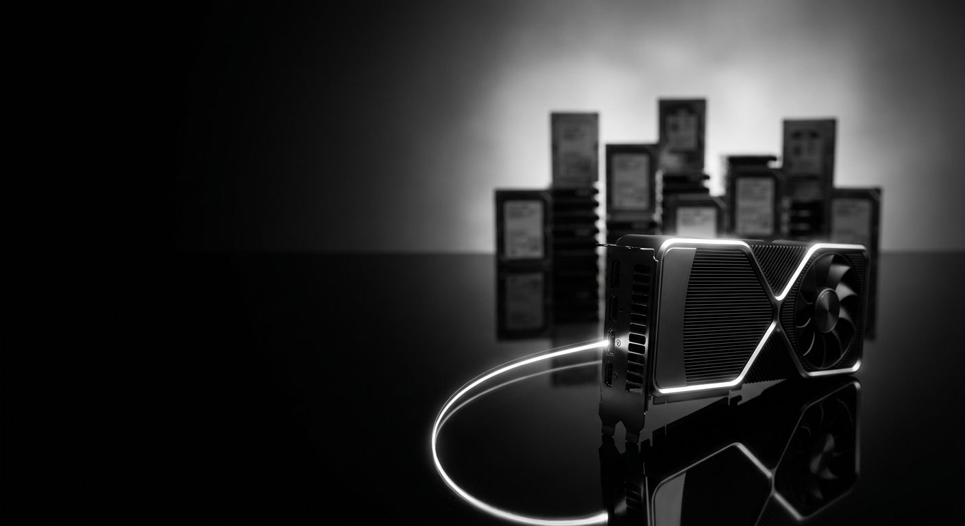 A glowing black GPU on a reflective surface with a light trail and blurred background of stacked circuit boards.