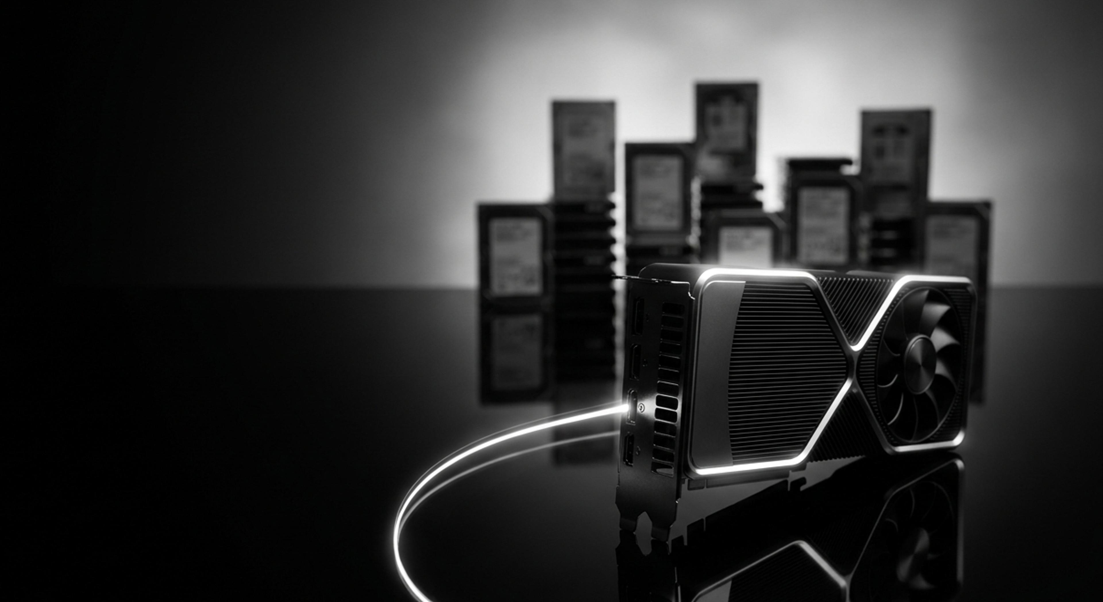 A glowing black GPU on a reflective surface with a light trail and blurred background of stacked circuit boards.