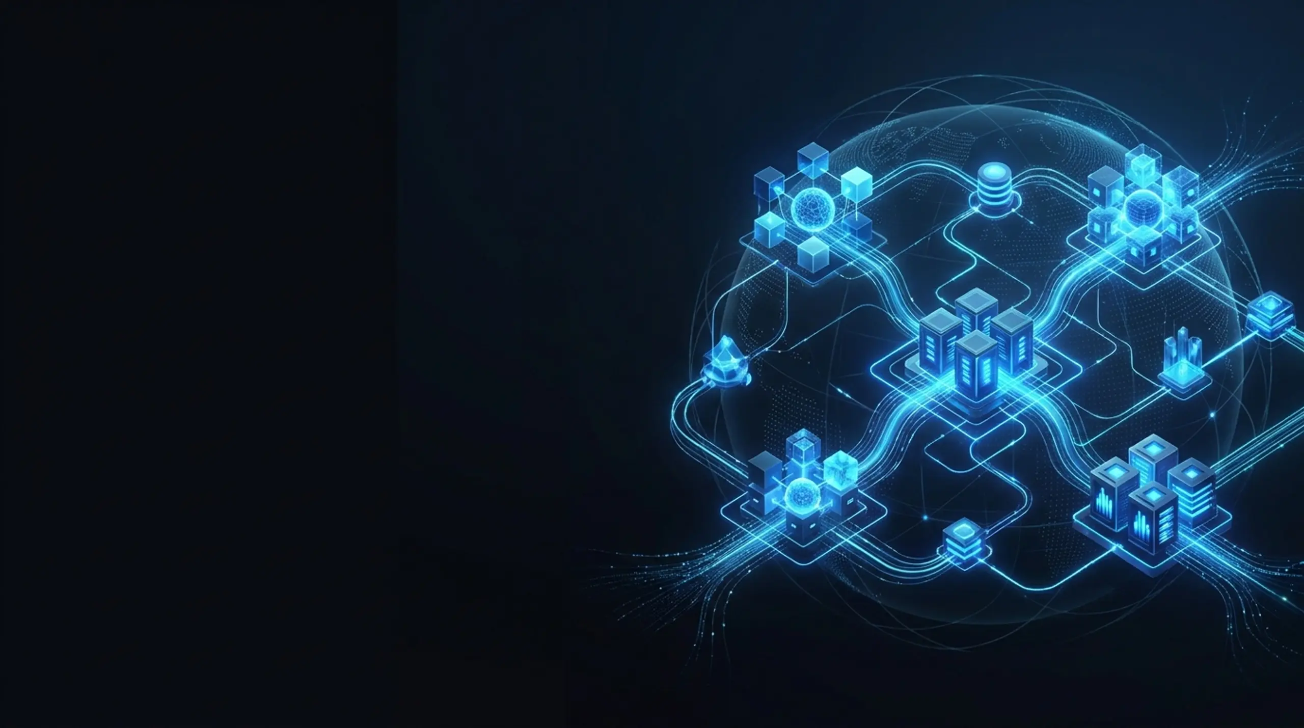 Blue glowing interconnected data centers and servers on a wireframe globe, representing global networking or cloud computing.