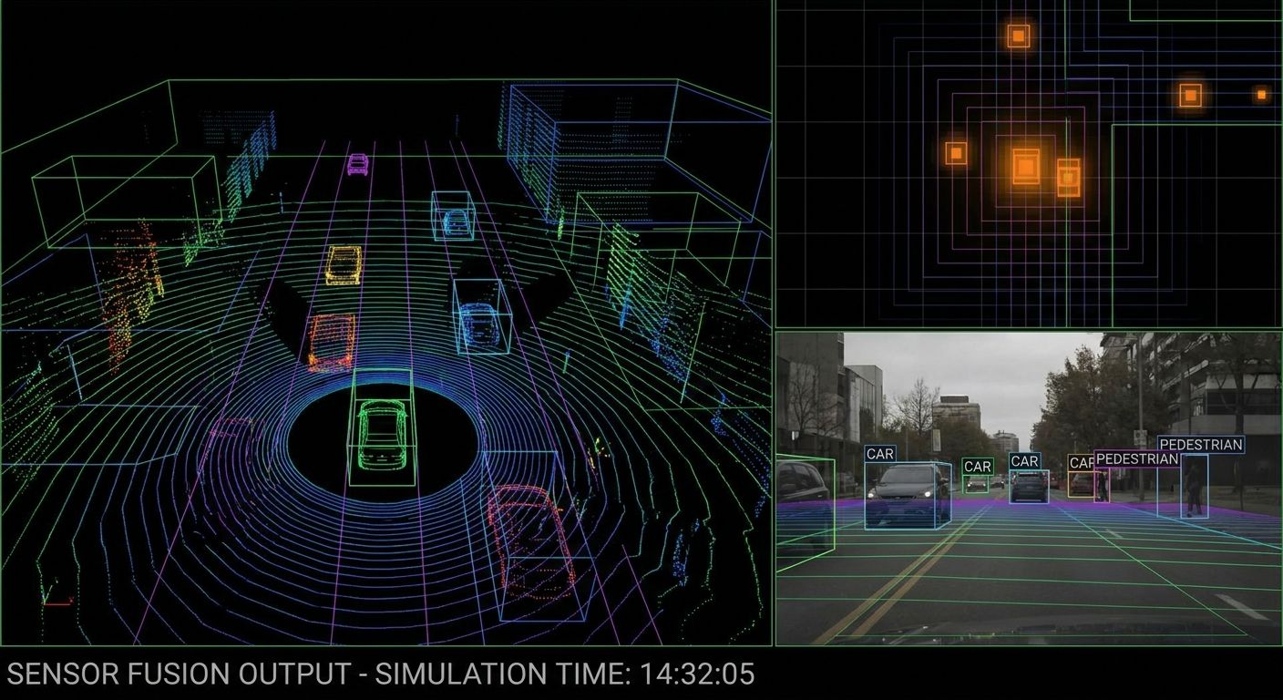 Display of autonomous driving sensor fusion, featuring a 3D lidar map with vehicles, a camera view with detected objects, and an abstract sensor grid.