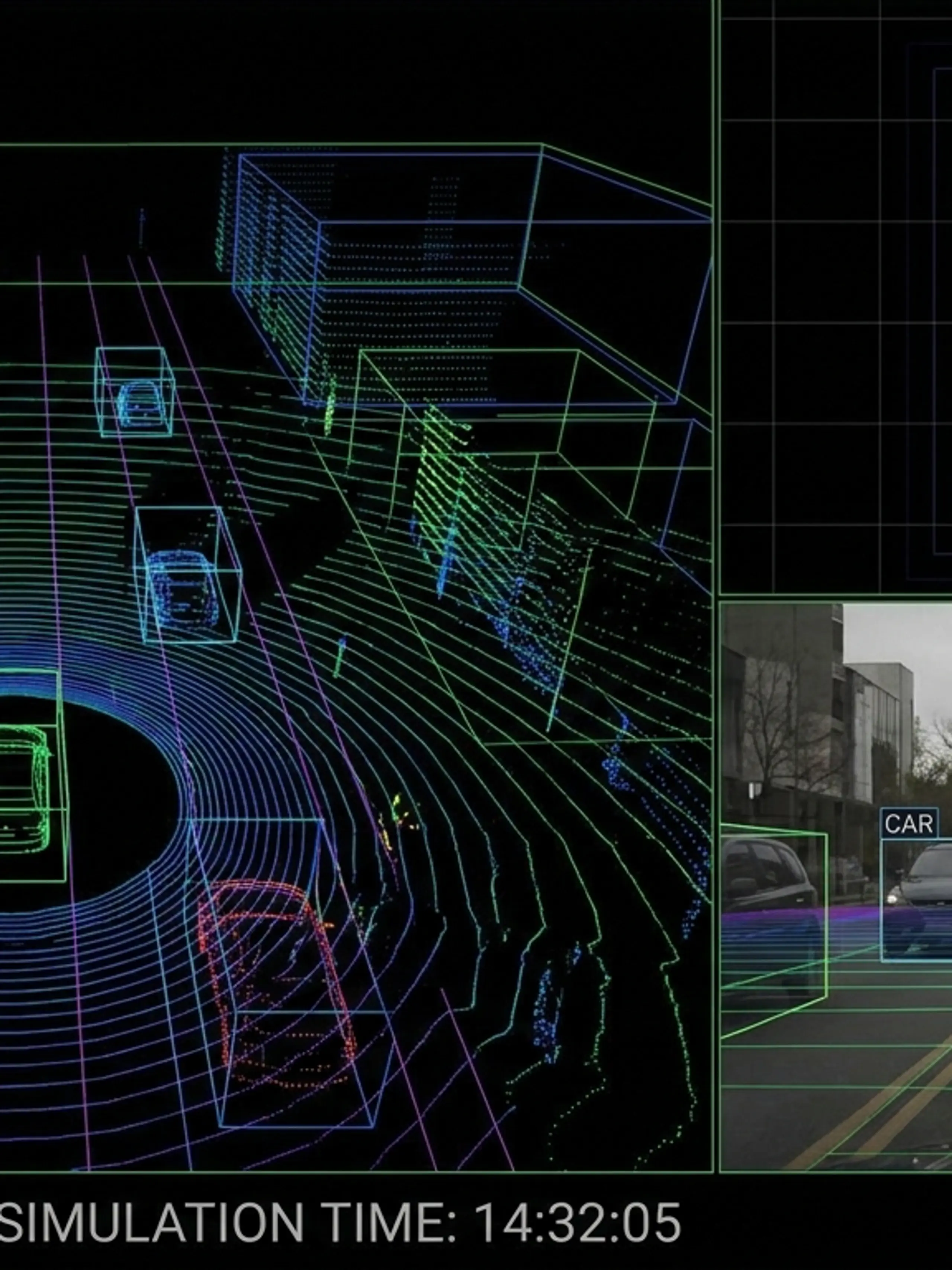Display of autonomous driving sensor fusion, featuring a 3D lidar map with vehicles, a camera view with detected objects, and an abstract sensor grid.
