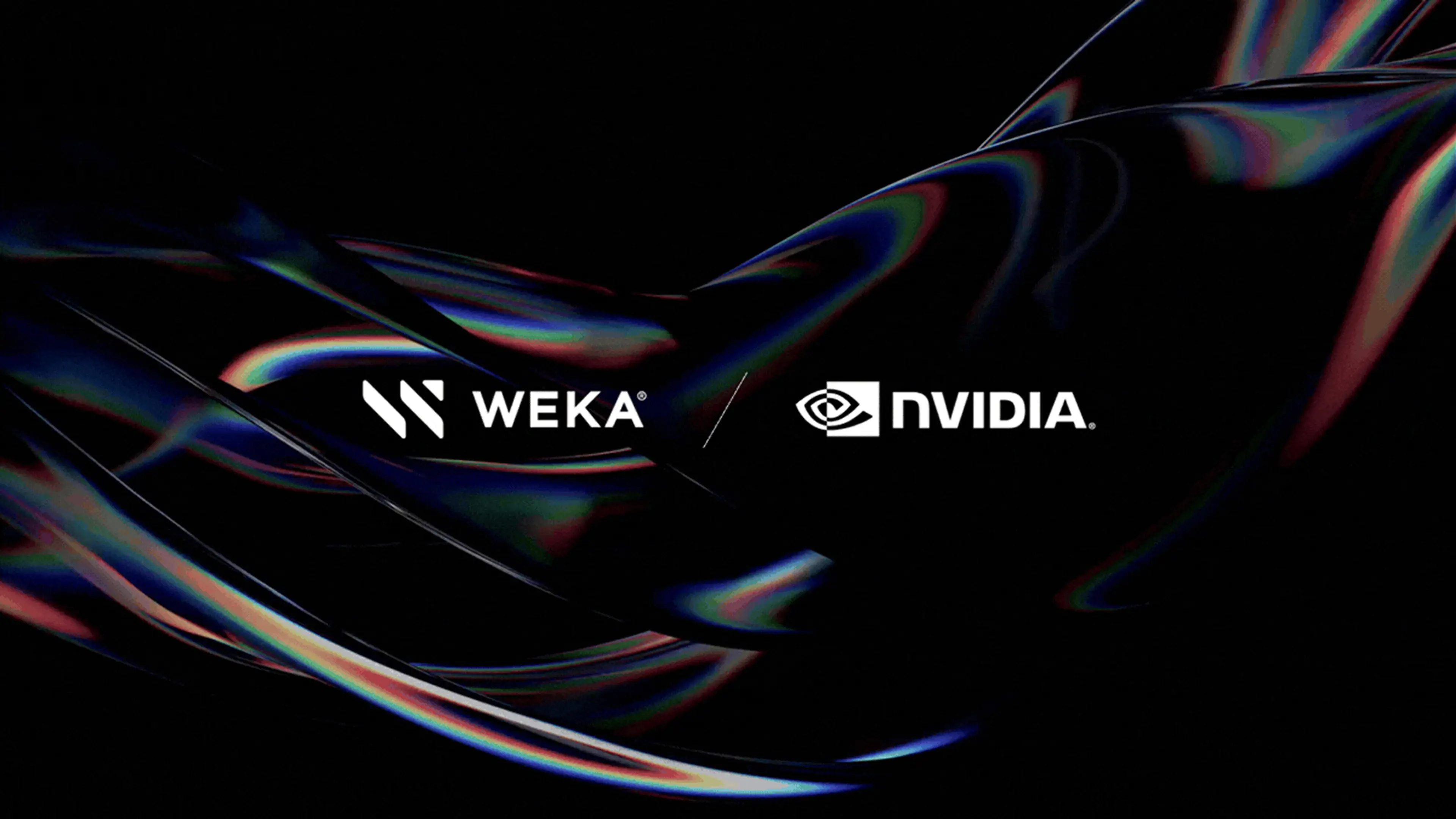 WEKA and NVIDIA logos on a dark, abstract iridescent background.