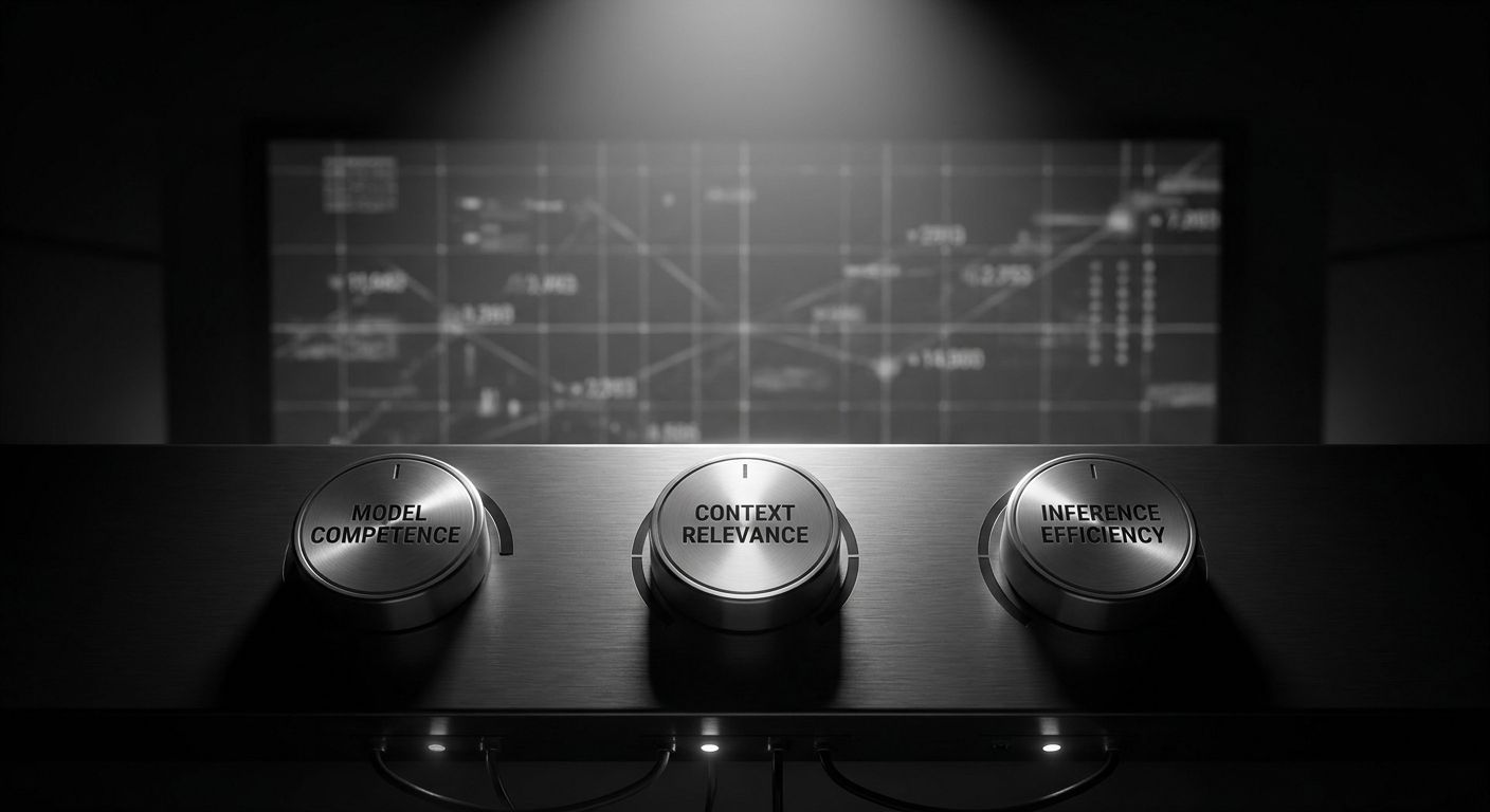 Three control knobs labeled "Model Competence," "Context Relevance," and "Inference Efficiency" on a dark panel, with a blurry data screen in the background.