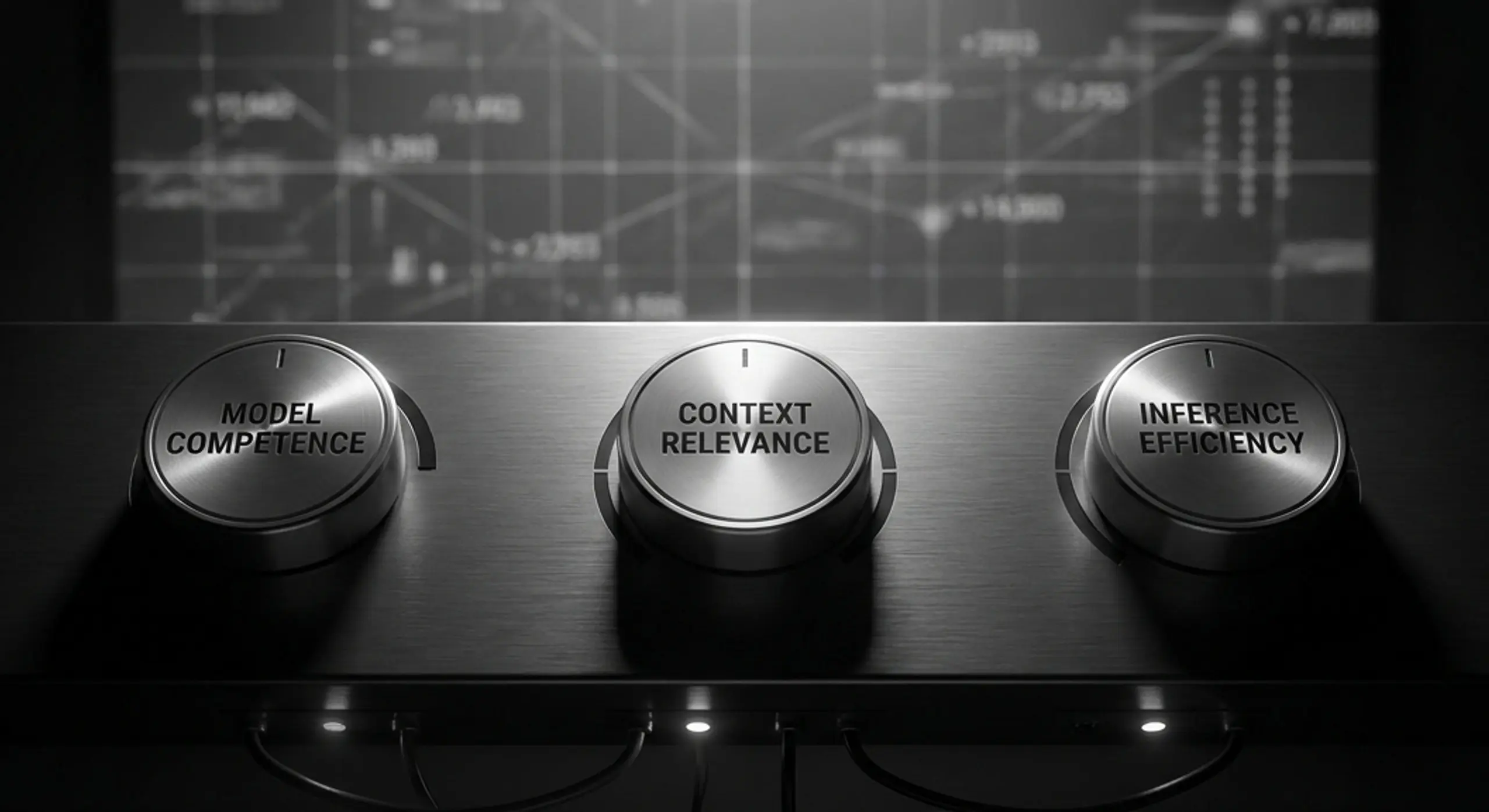 Three control knobs labeled "Model Competence," "Context Relevance," and "Inference Efficiency" on a dark panel, with a blurry data screen in the background.