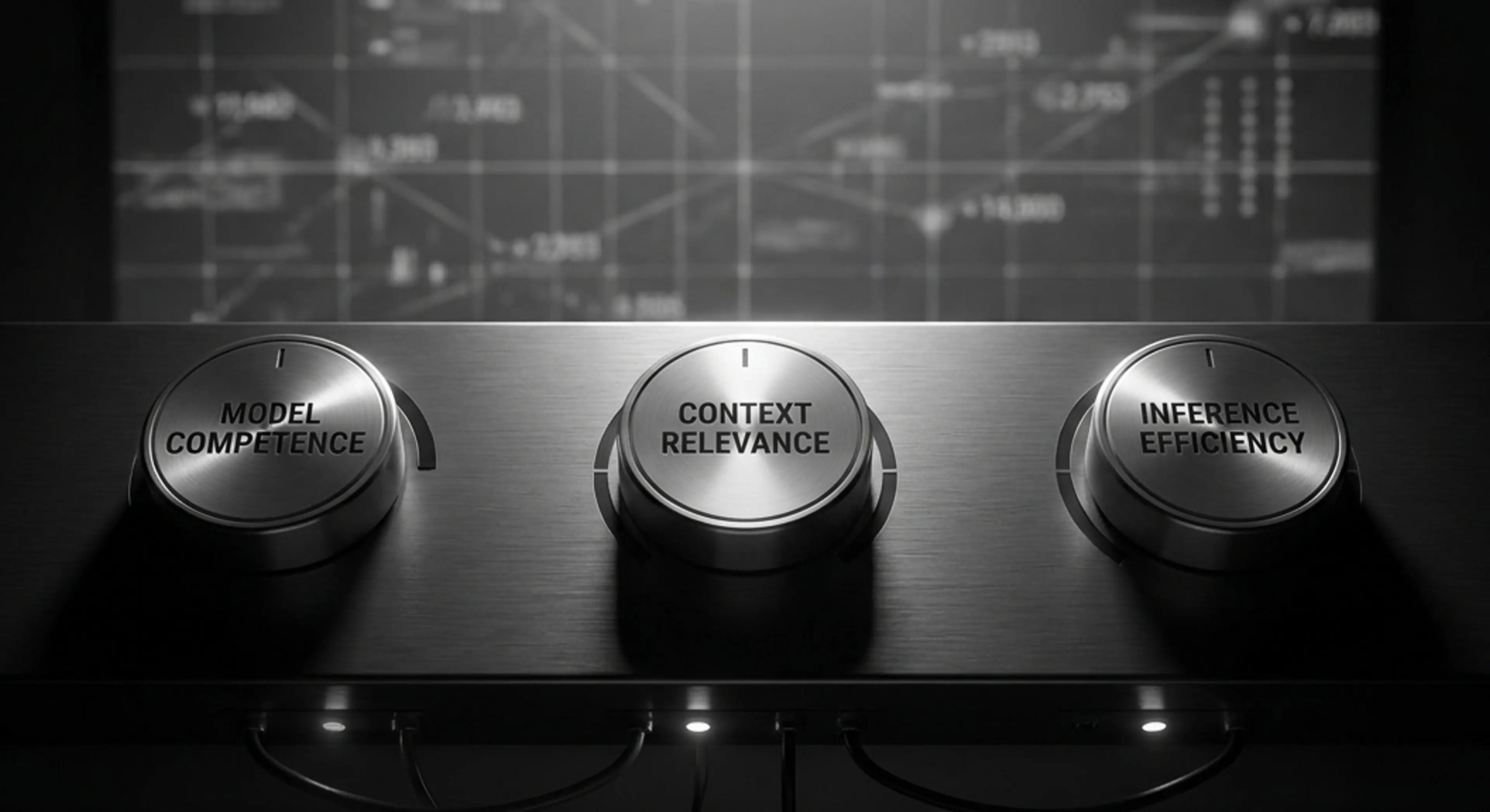 Three control knobs labeled "Model Competence," "Context Relevance," and "Inference Efficiency" on a dark panel, with a blurry data screen in the background.