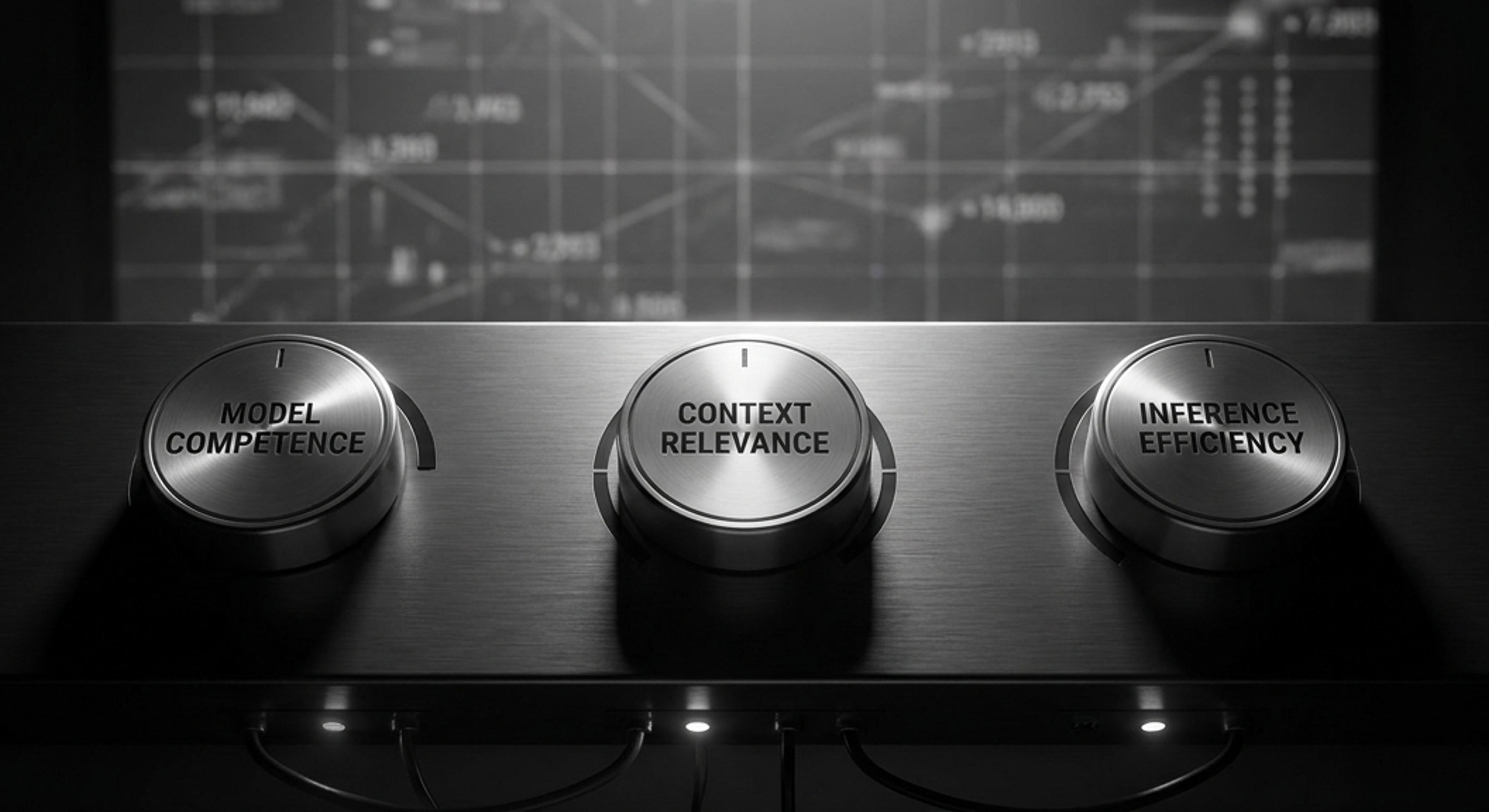 Three control knobs labeled "Model Competence," "Context Relevance," and "Inference Efficiency" on a dark panel, with a blurry data screen in the background.
