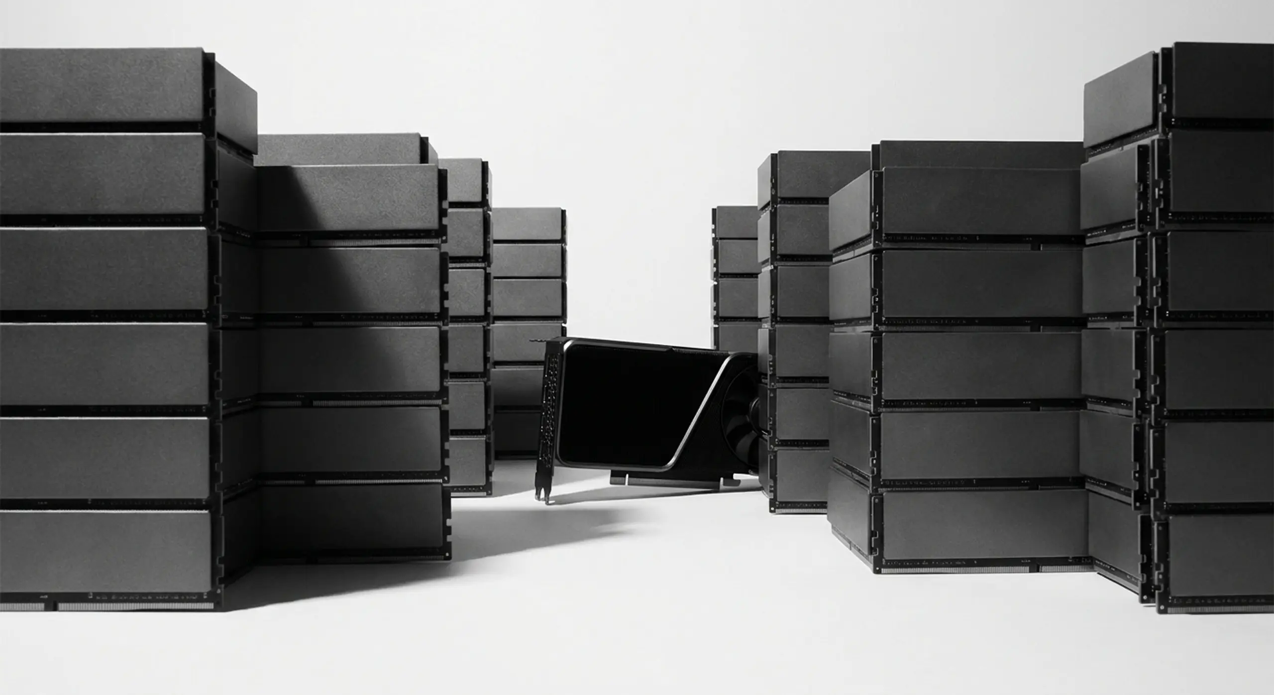 Monochromatic image showing rows of server racks surrounding a single black GPU on its side.