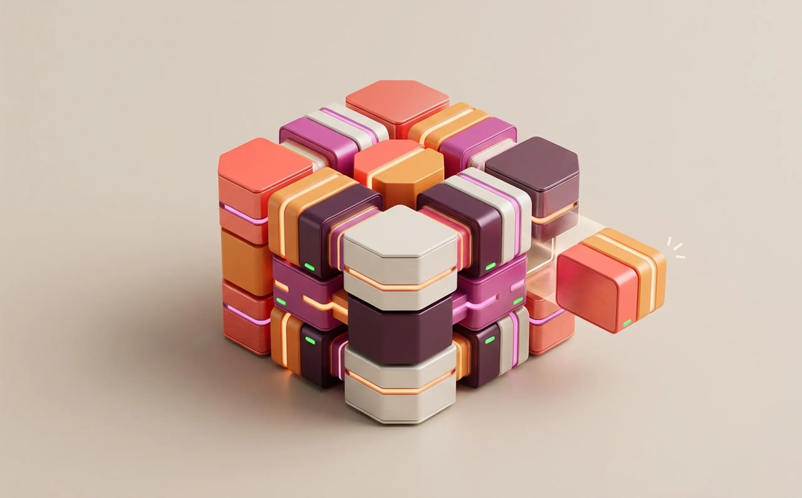 A colorful, glowing cube made of hexagonal blocks with one block floating detached.