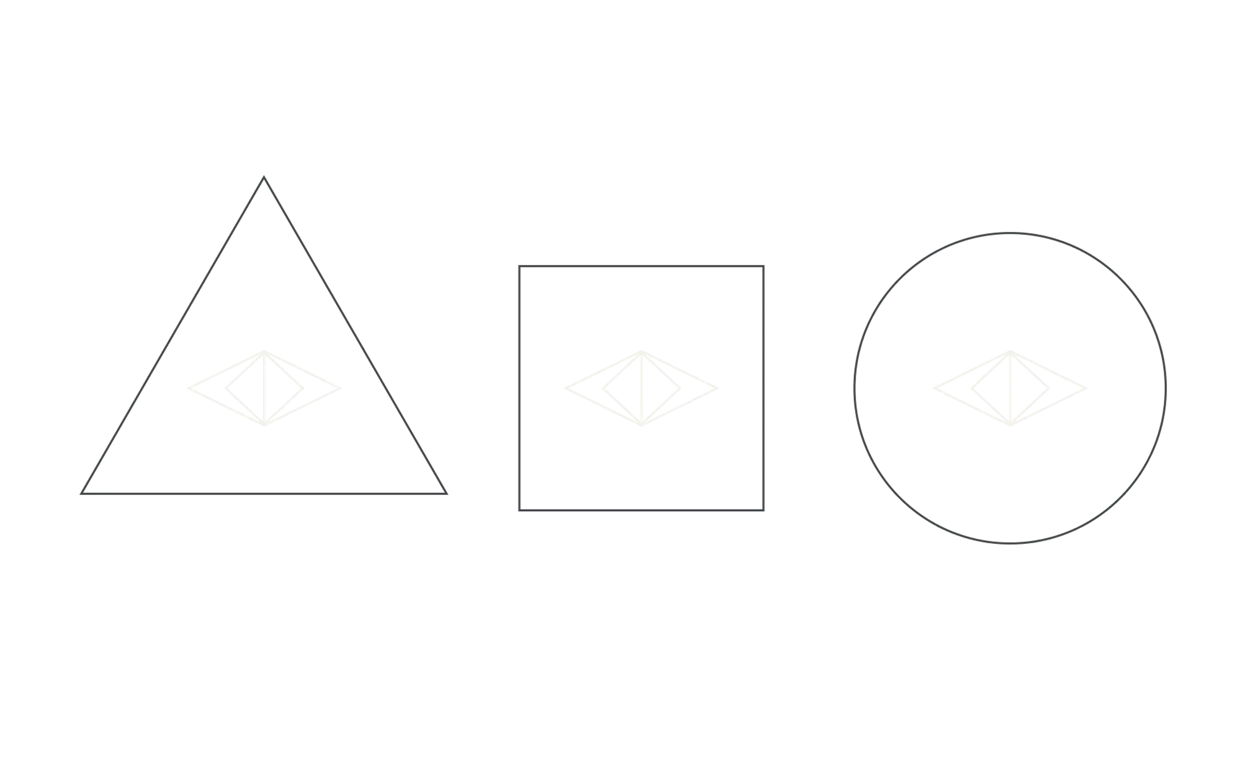Three geometric shapes: a triangle, square, and circle, each containing a faint diamond-like design.