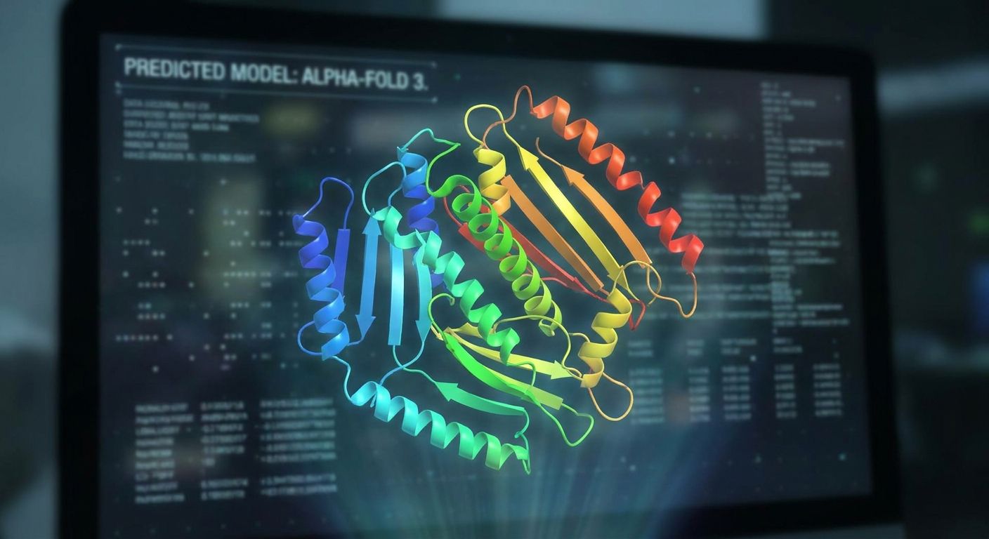 A laptop screen displaying a rainbow-colored 3D protein model predicted by AlphaFold 3.