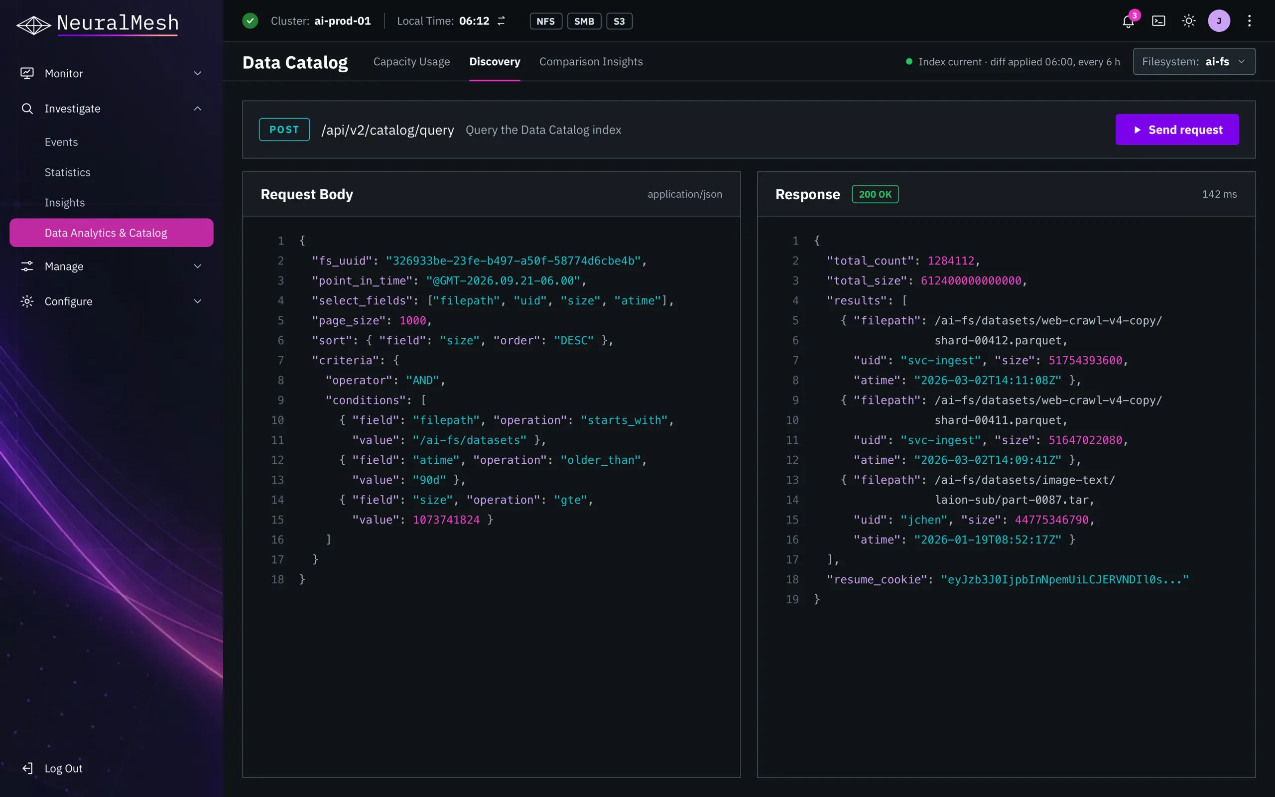 NeuralMesh Data Catalog API Query