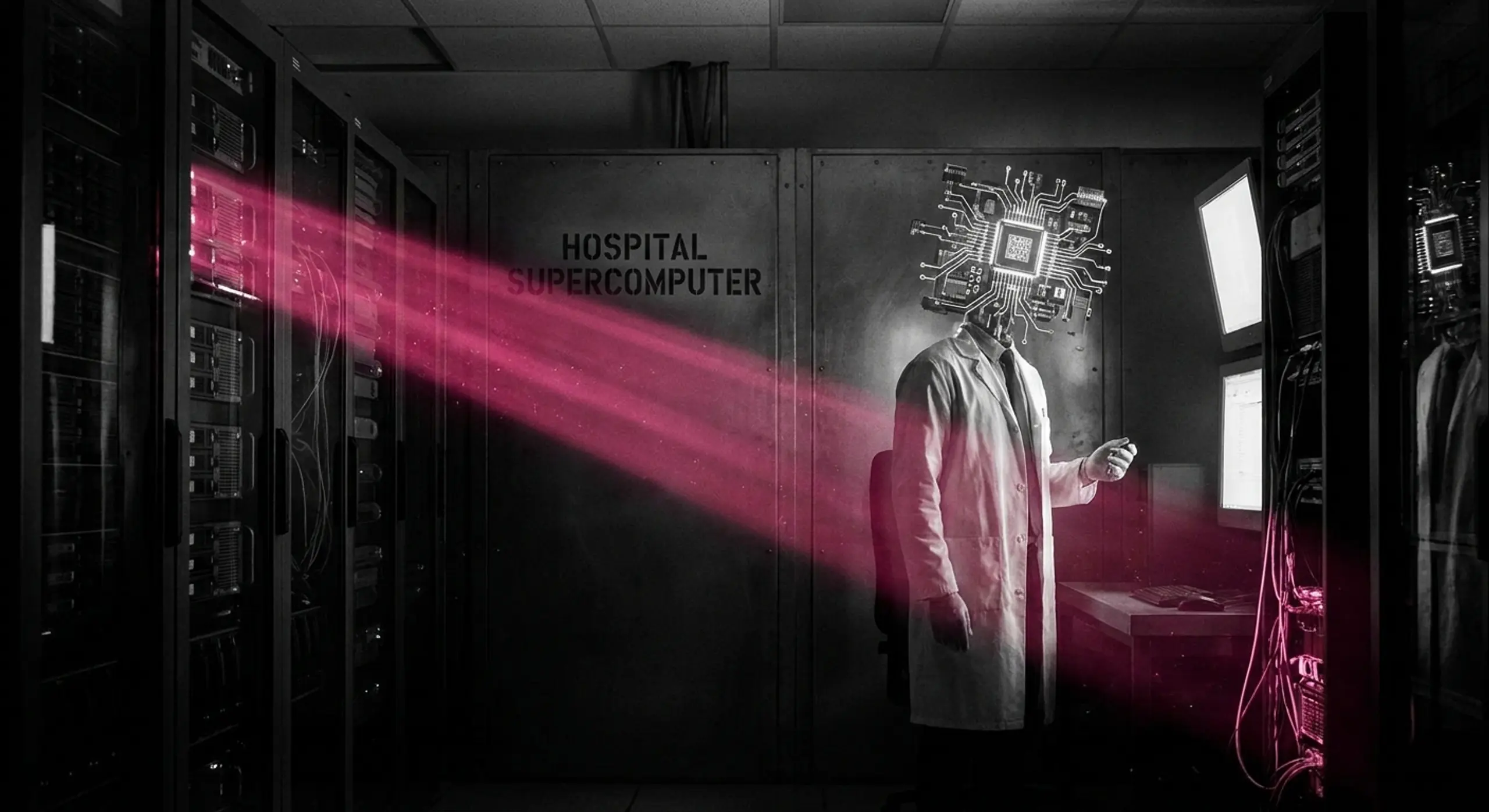 A person in a lab coat with a glowing circuit board head stands in a dark server room, illuminated by magenta light from the "HOSPITAL SUPERCOMPUTER" system.