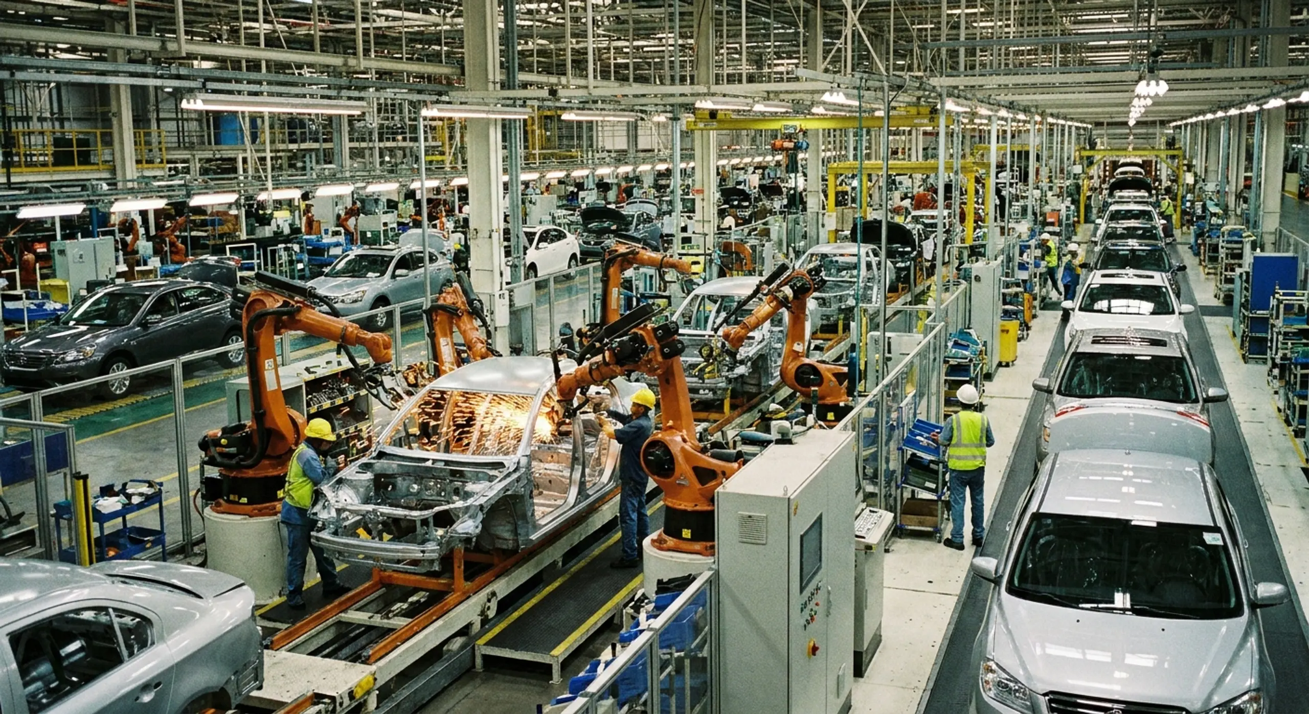 Automobile manufacturing plant with robotic arms and workers assembling cars on a production line.