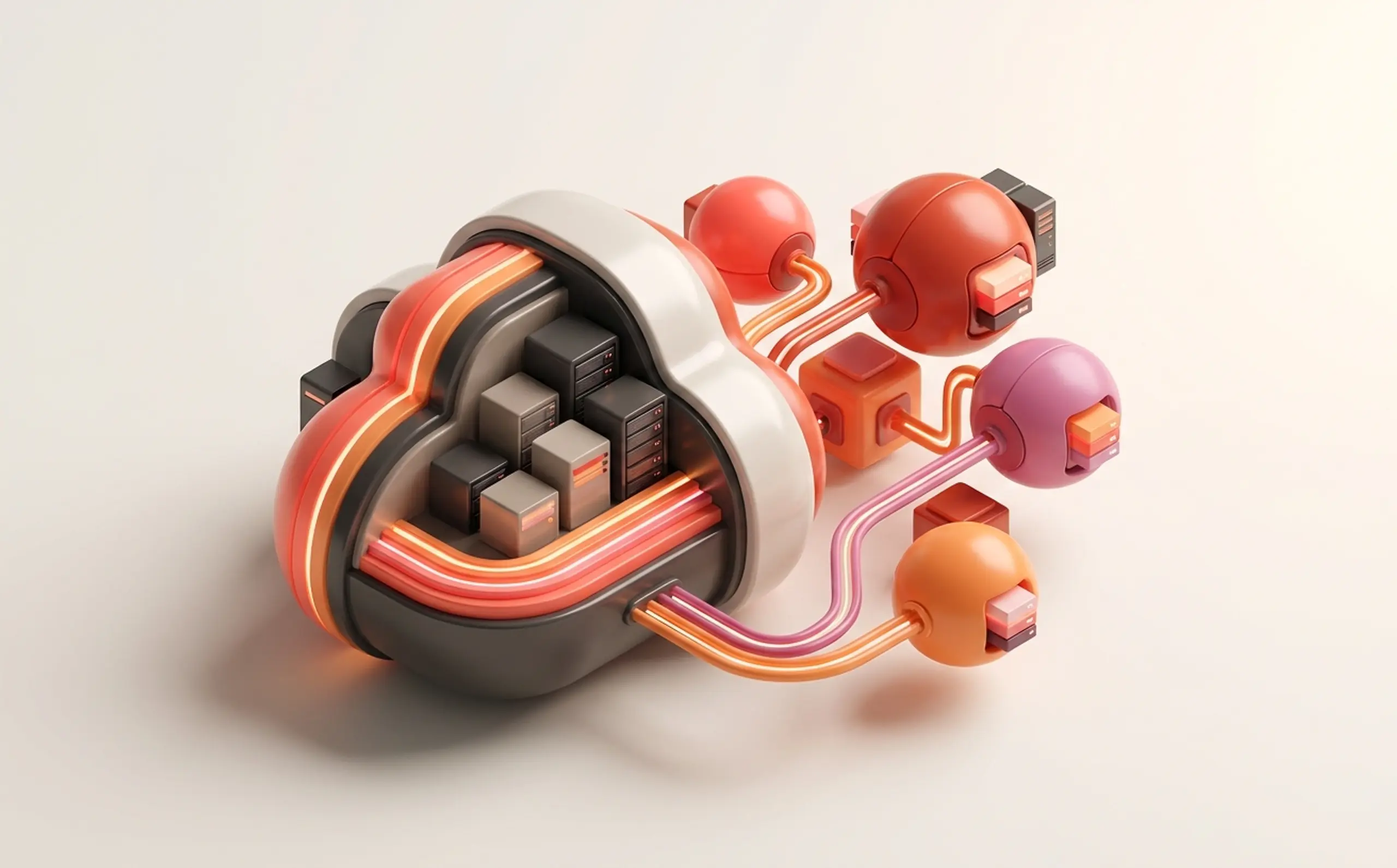 3D illustration of cloud computing infrastructure, showing servers inside a cloud connected by glowing cables to various network nodes.