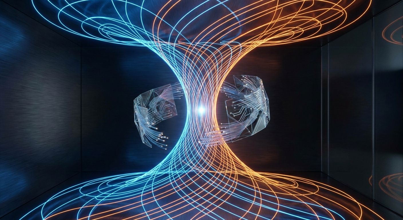 Abstract visualization of a glowing blue and orange data vortex with a central technological core.