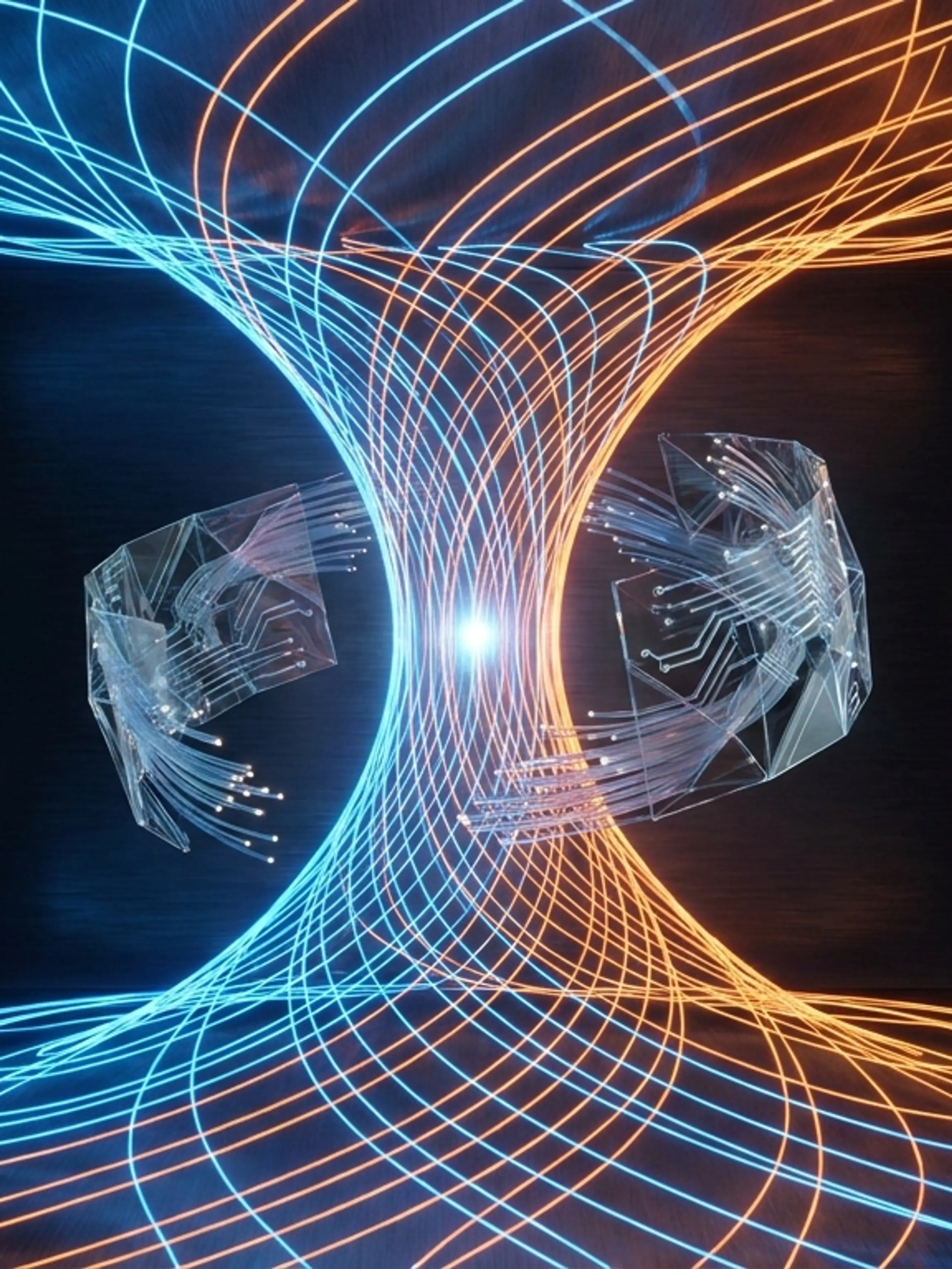 Abstract visualization of a glowing blue and orange data vortex with a central technological core.