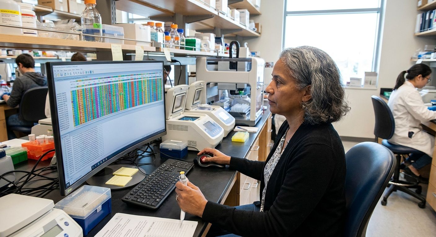 A scientist in a lab coat points at a computer screen displaying genomic data in a laboratory.