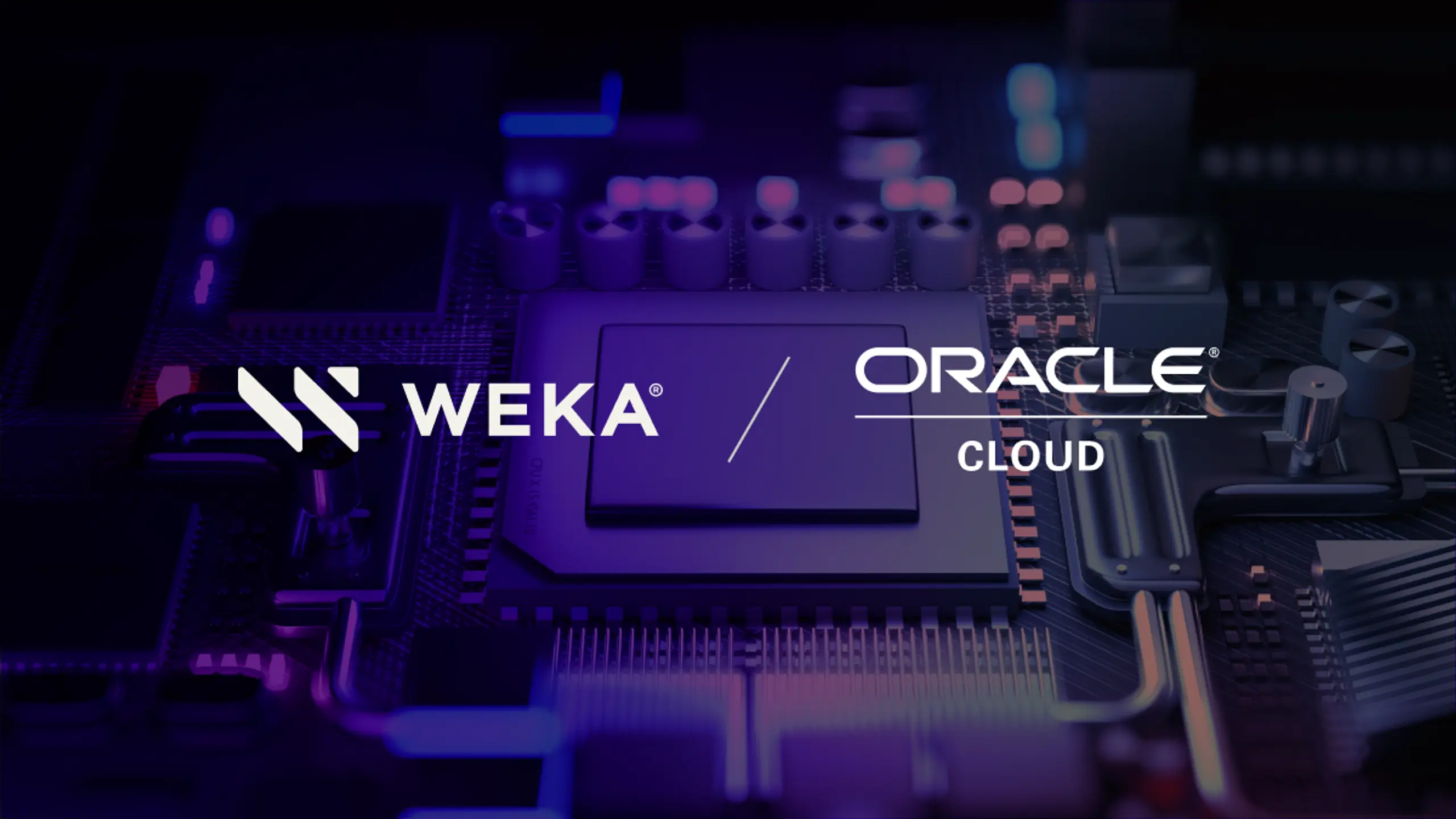 WEKA logo and Oracle Cloud logo on a dark electronic circuit background.