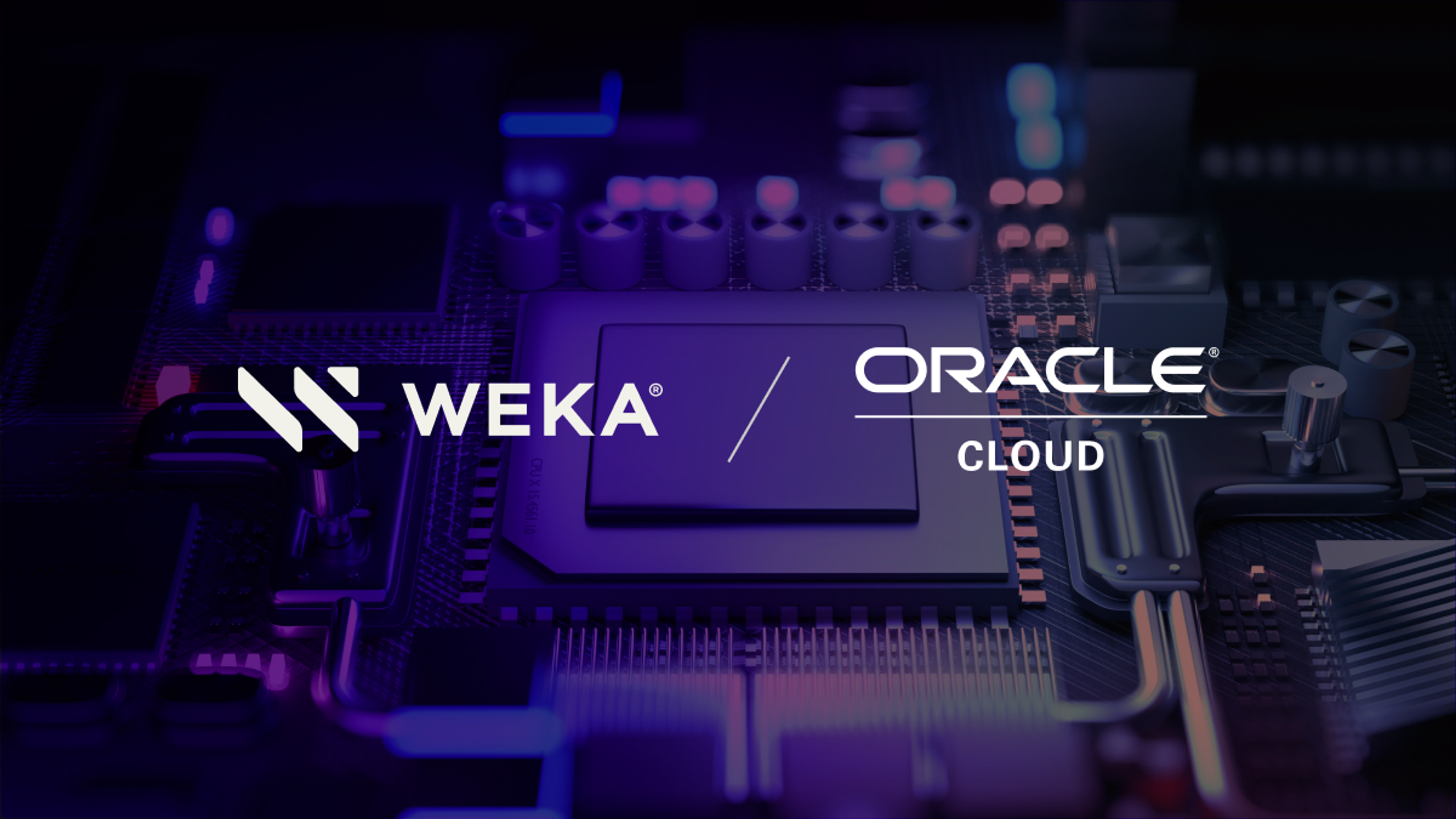 WEKA logo and Oracle Cloud logo on a dark electronic circuit background.