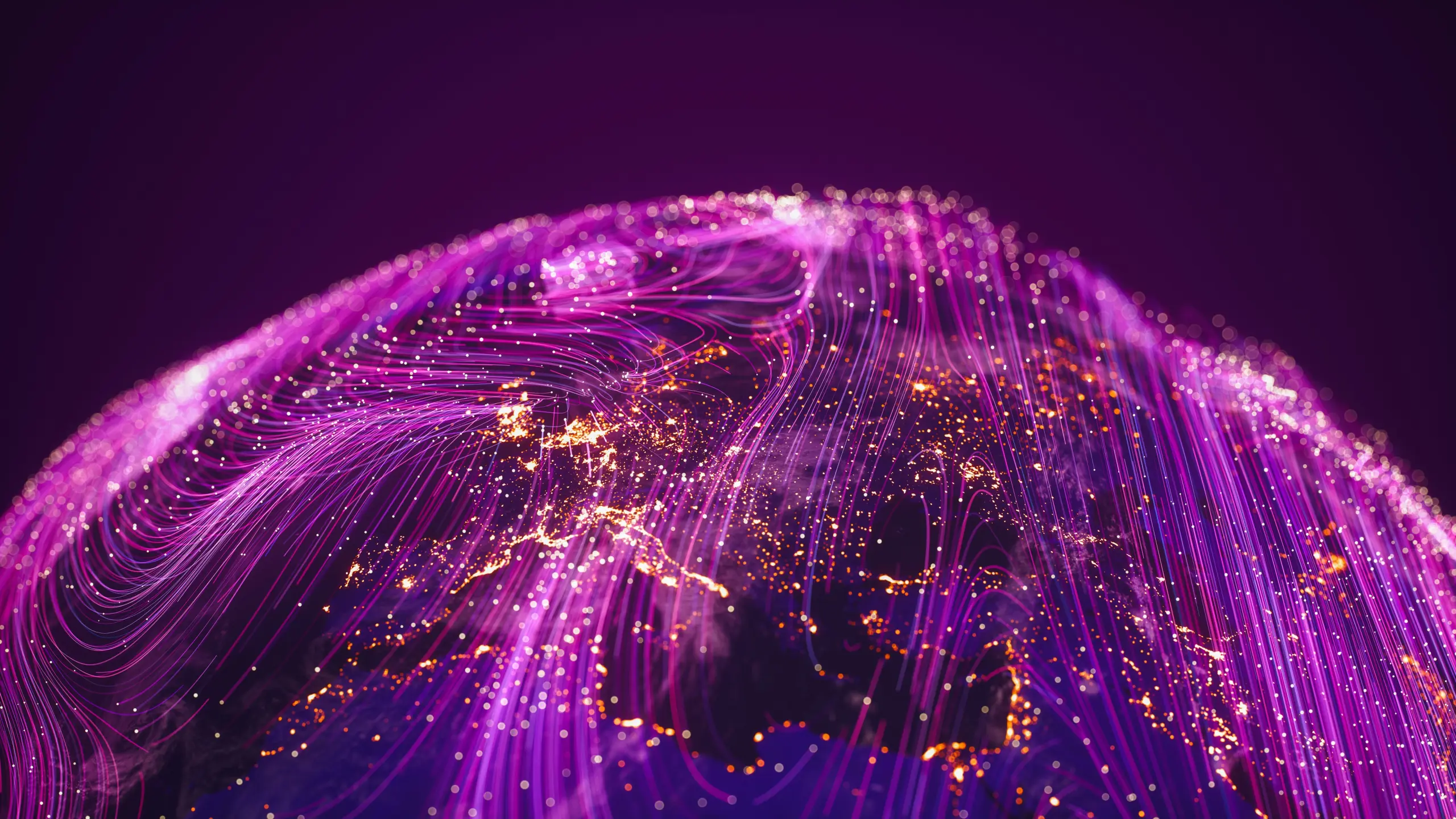 Digital Earth with glowing city lights and flowing purple data lines.