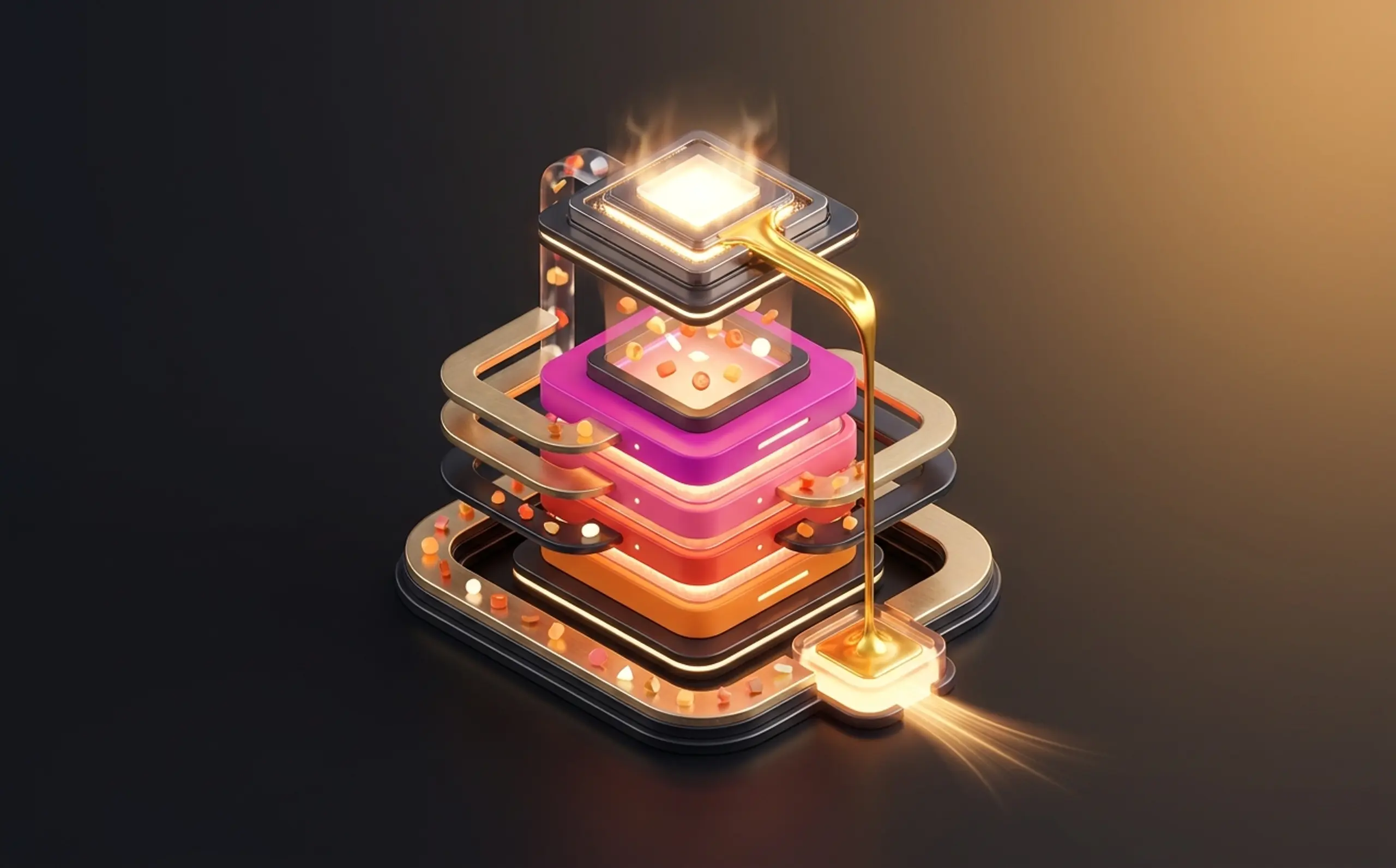 Abstract glowing data processor with stacked layers and a golden liquid flow.