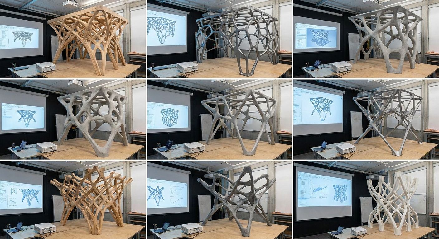 A grid of nine images showing various 3D models of organic, branching architectural structures in different materials, with their digital design schematics on a projector screen.