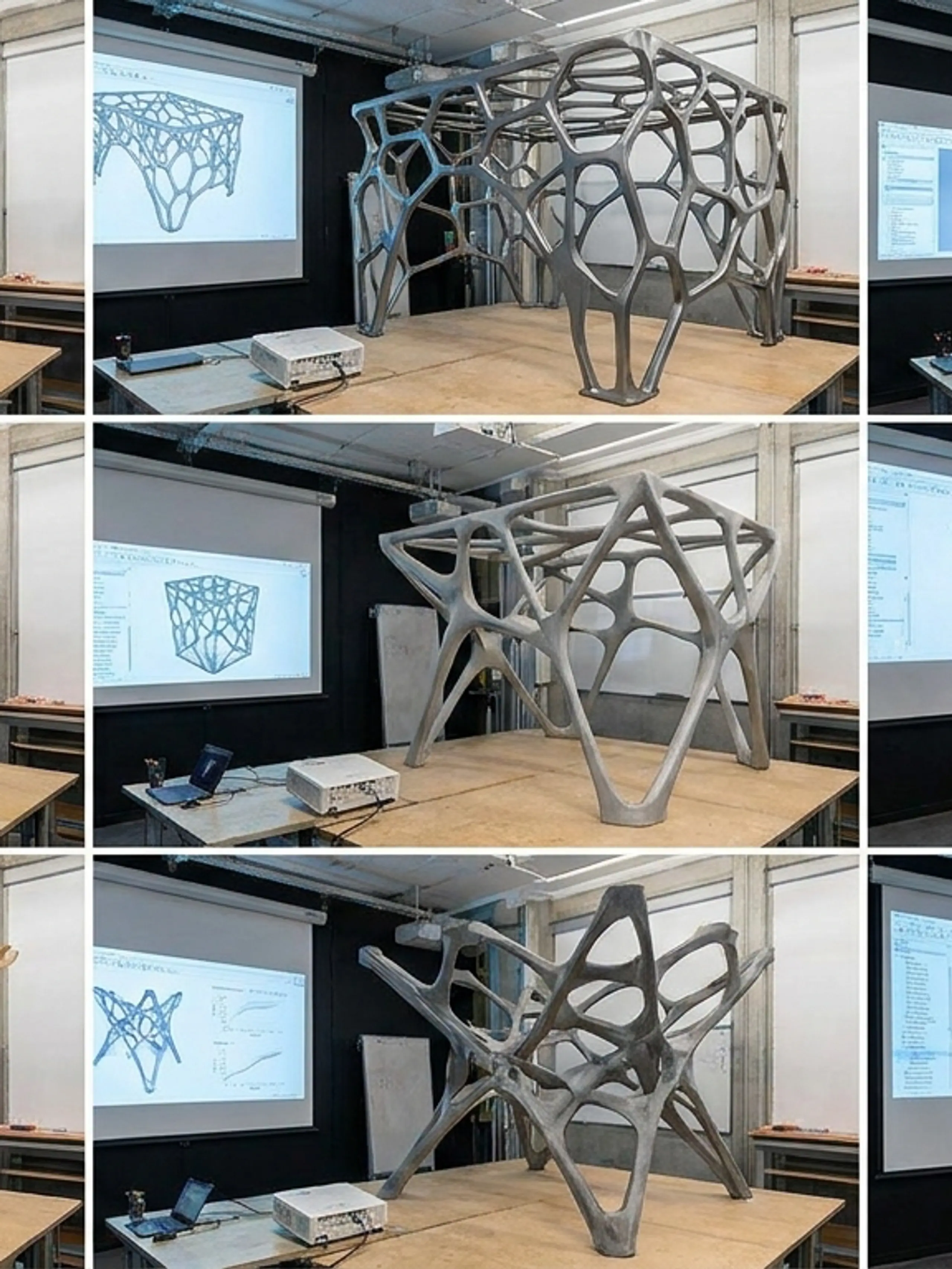 A grid of nine images showing various 3D models of organic, branching architectural structures in different materials, with their digital design schematics on a projector screen.